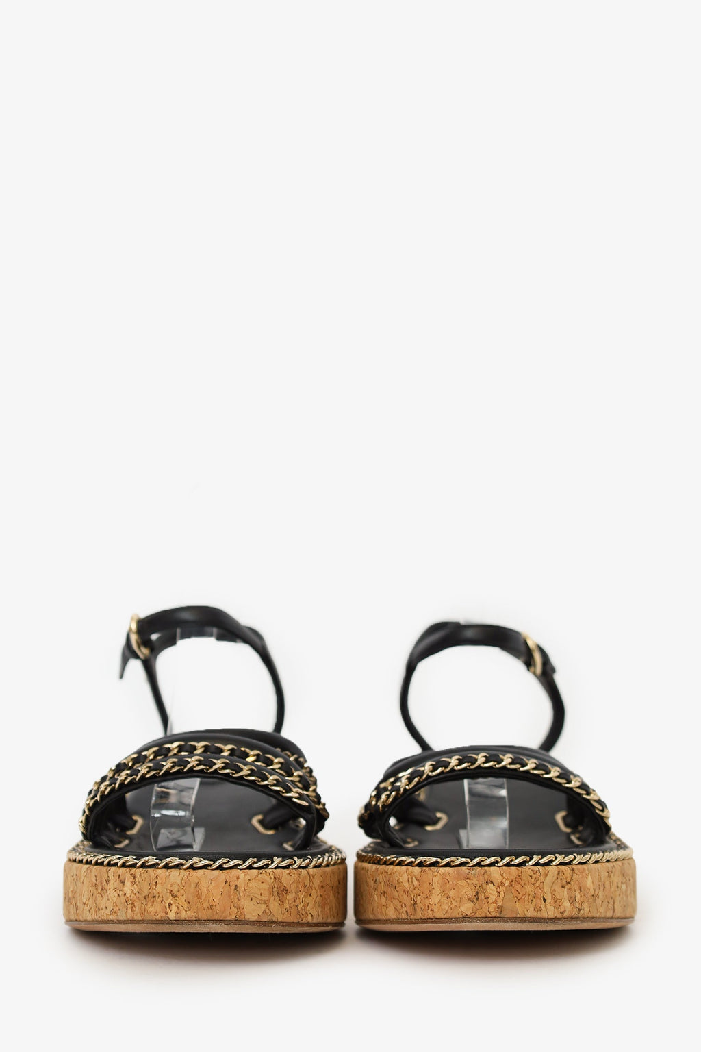 Pre-Loved Chanel™ Black Leather Chain Detail Cork Sandals Size 38
