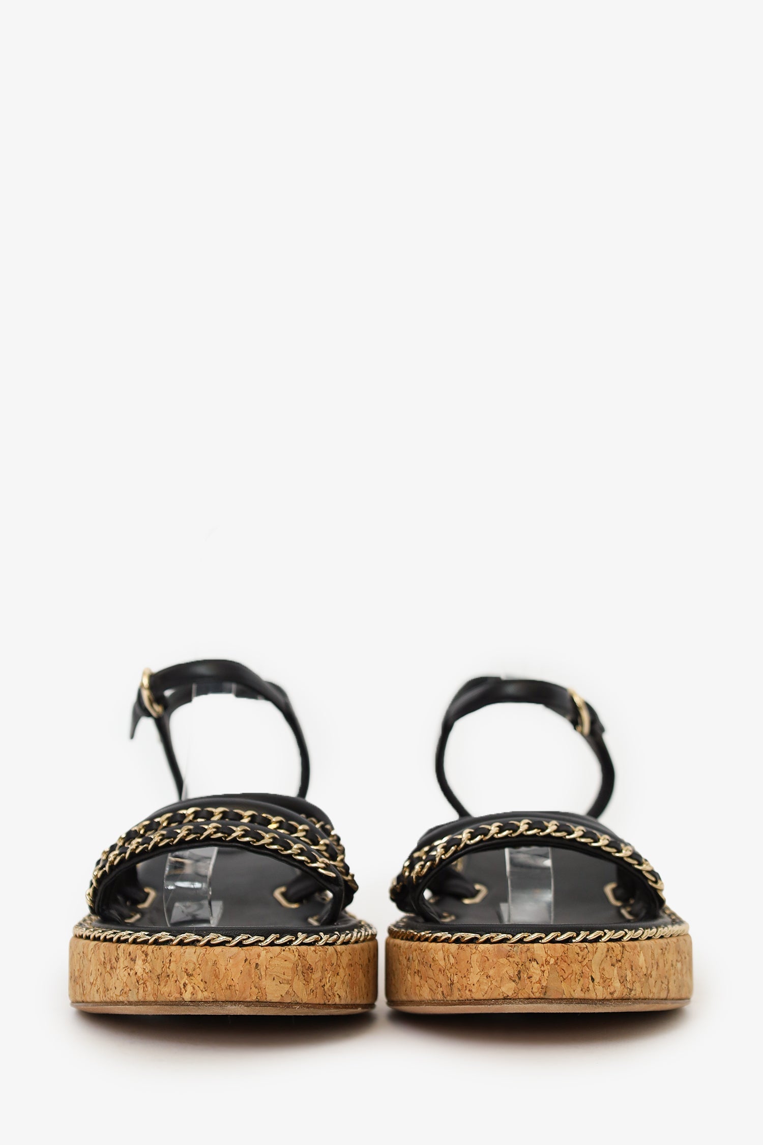 Pre-Loved Chanel™ Black Leather Chain Detail Cork Sandals Size 38