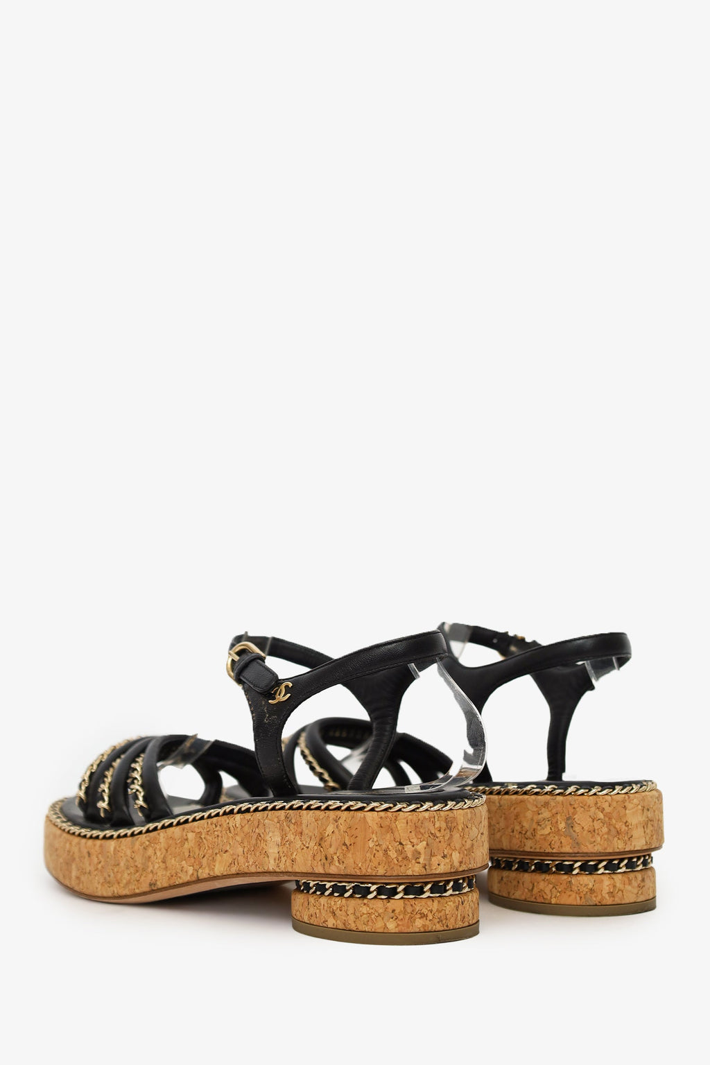 Pre-Loved Chanel™ Black Leather Chain Detail Cork Sandals Size 38