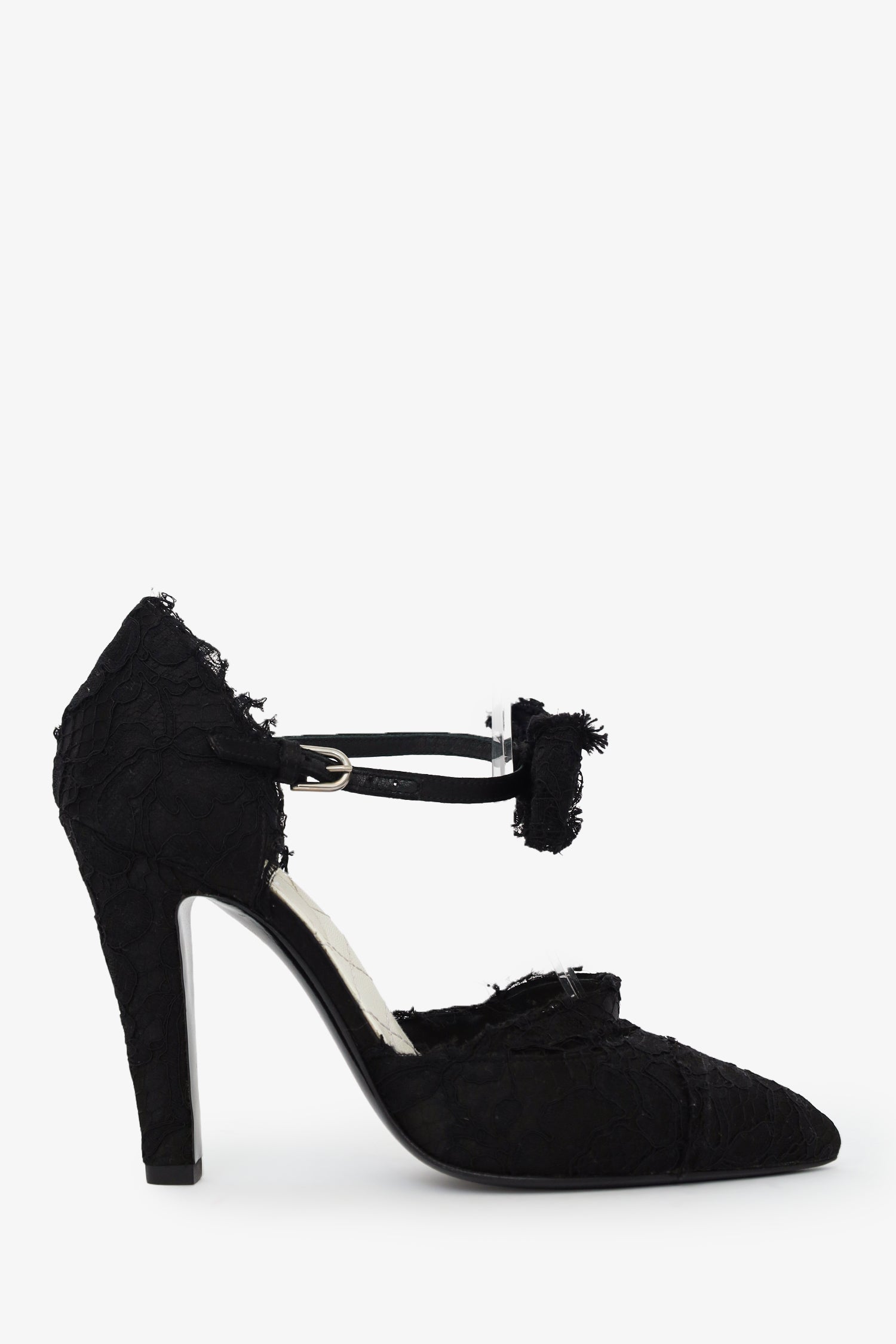 Pre-Loved Chanel™ Black CC Lace Ankle Wrap Bow Pumps Size 38