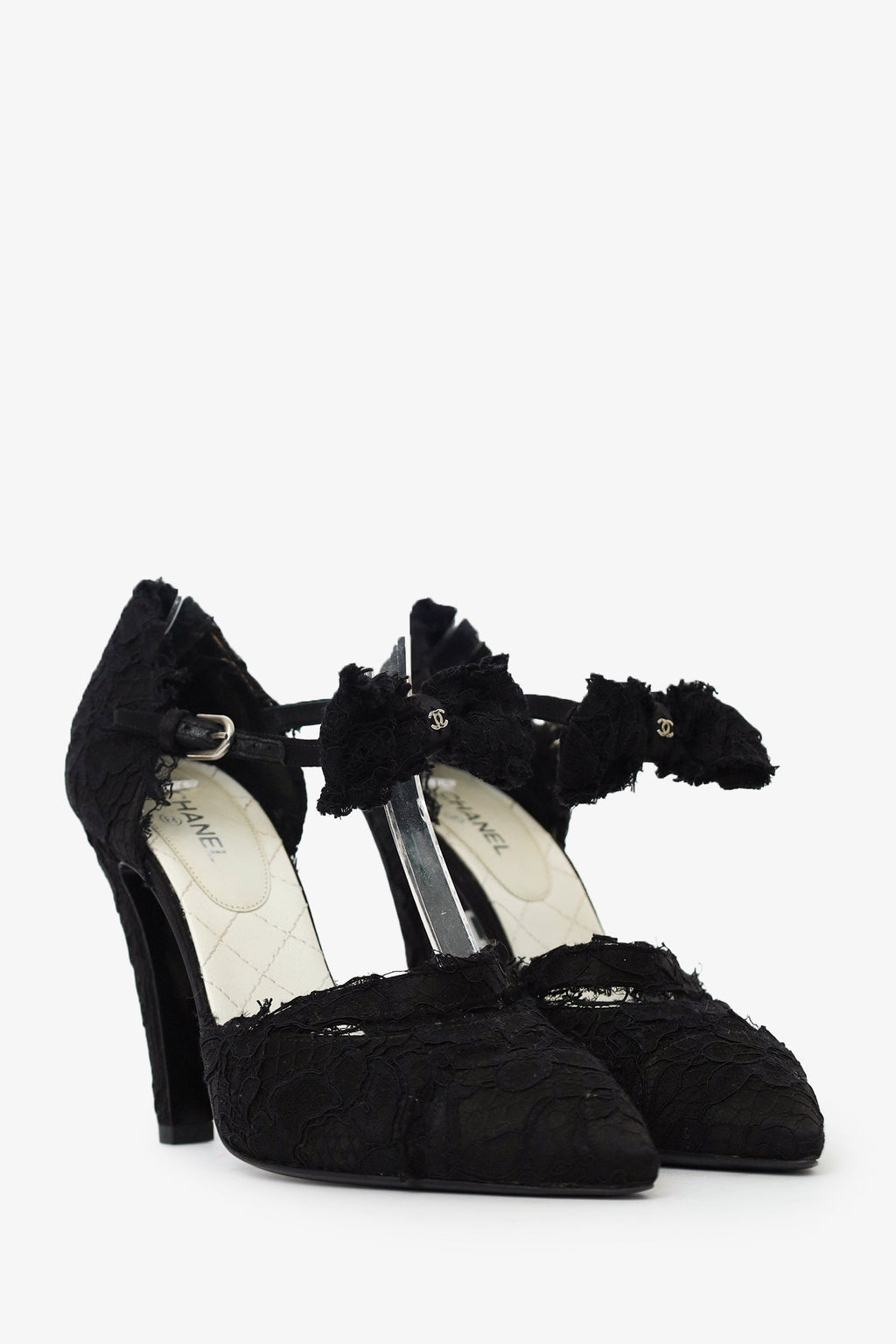 Pre-Loved Chanel™ Black CC Lace Ankle Wrap Bow Pumps Size 38