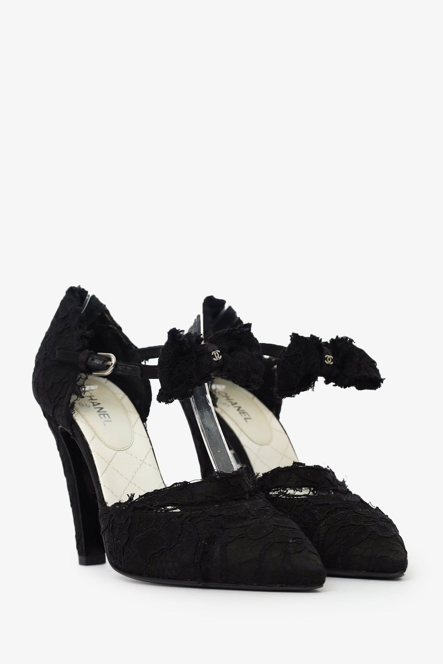 Pre-Loved Chanel™ Black CC Lace Ankle Wrap Bow Pumps Size 38