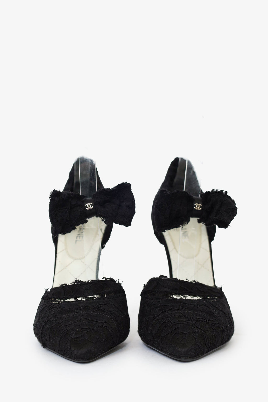 Pre-Loved Chanel™ Black CC Lace Ankle Wrap Bow Pumps Size 38