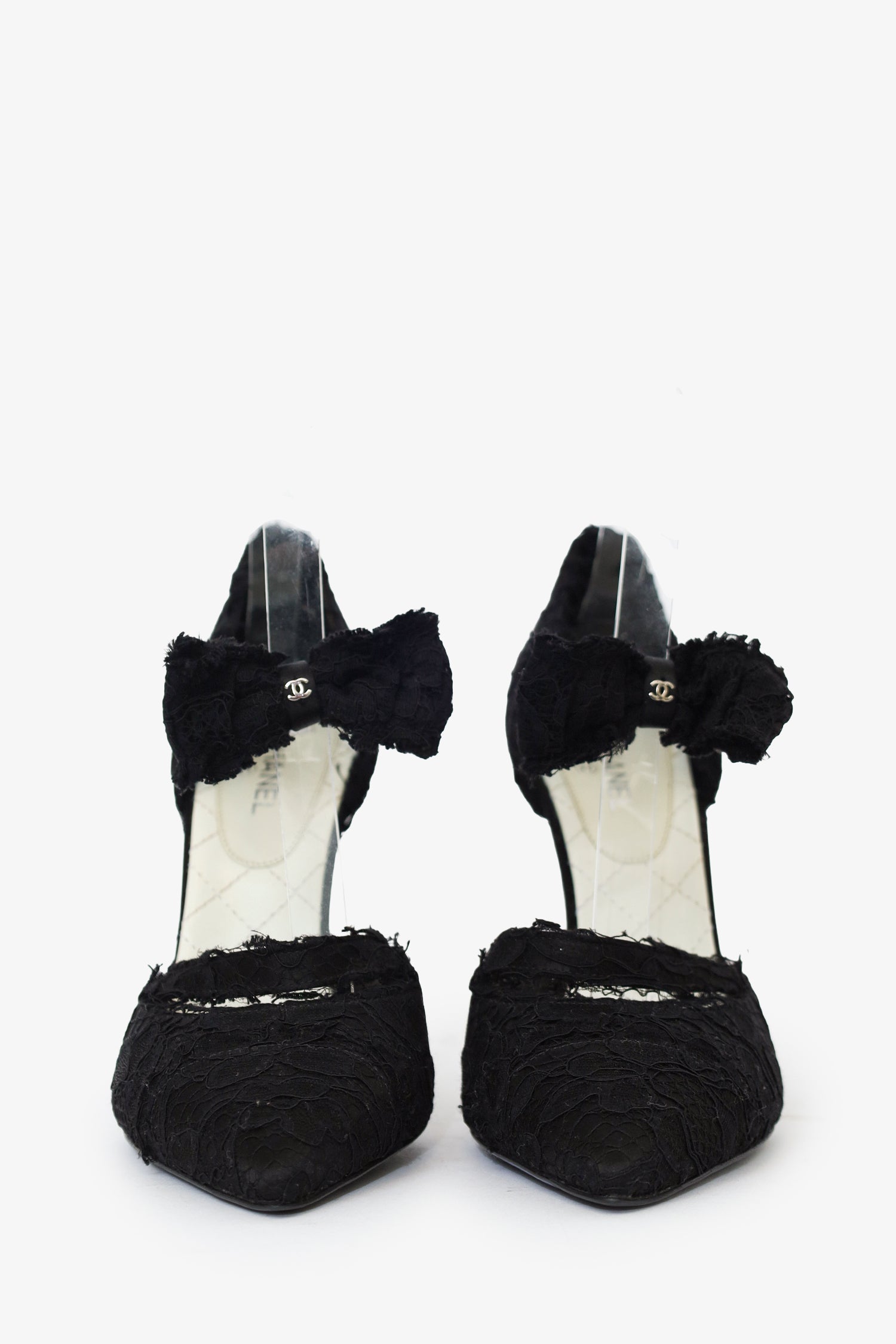 Pre-Loved Chanel™ Black CC Lace Ankle Wrap Bow Pumps Size 38