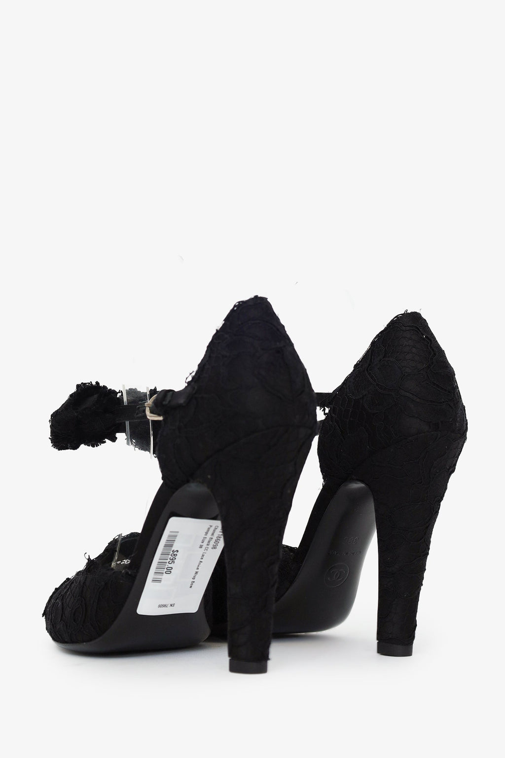 Pre-Loved Chanel™ Black CC Lace Ankle Wrap Bow Pumps Size 38