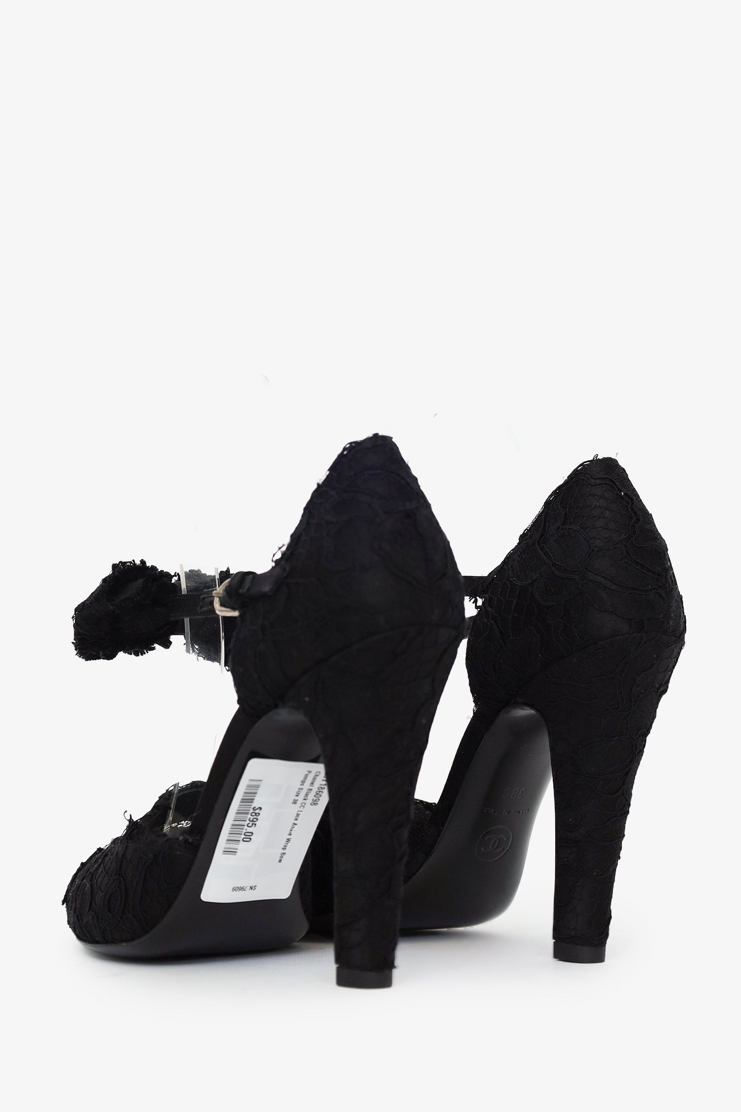 Pre-Loved Chanel™ Black CC Lace Ankle Wrap Bow Pumps Size 38
