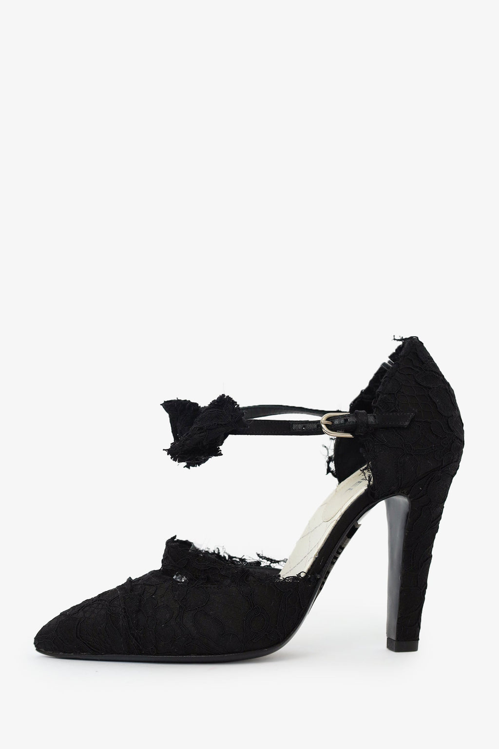 Pre-Loved Chanel™ Black CC Lace Ankle Wrap Bow Pumps Size 38