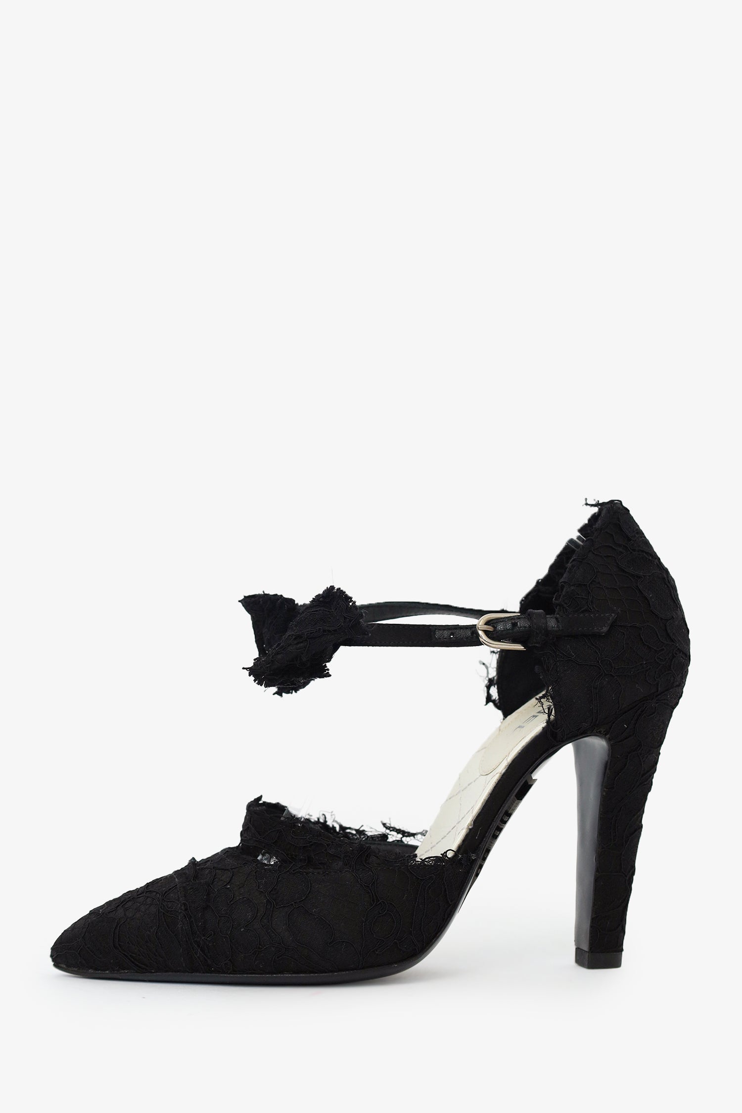 Pre-Loved Chanel™ Black CC Lace Ankle Wrap Bow Pumps Size 38