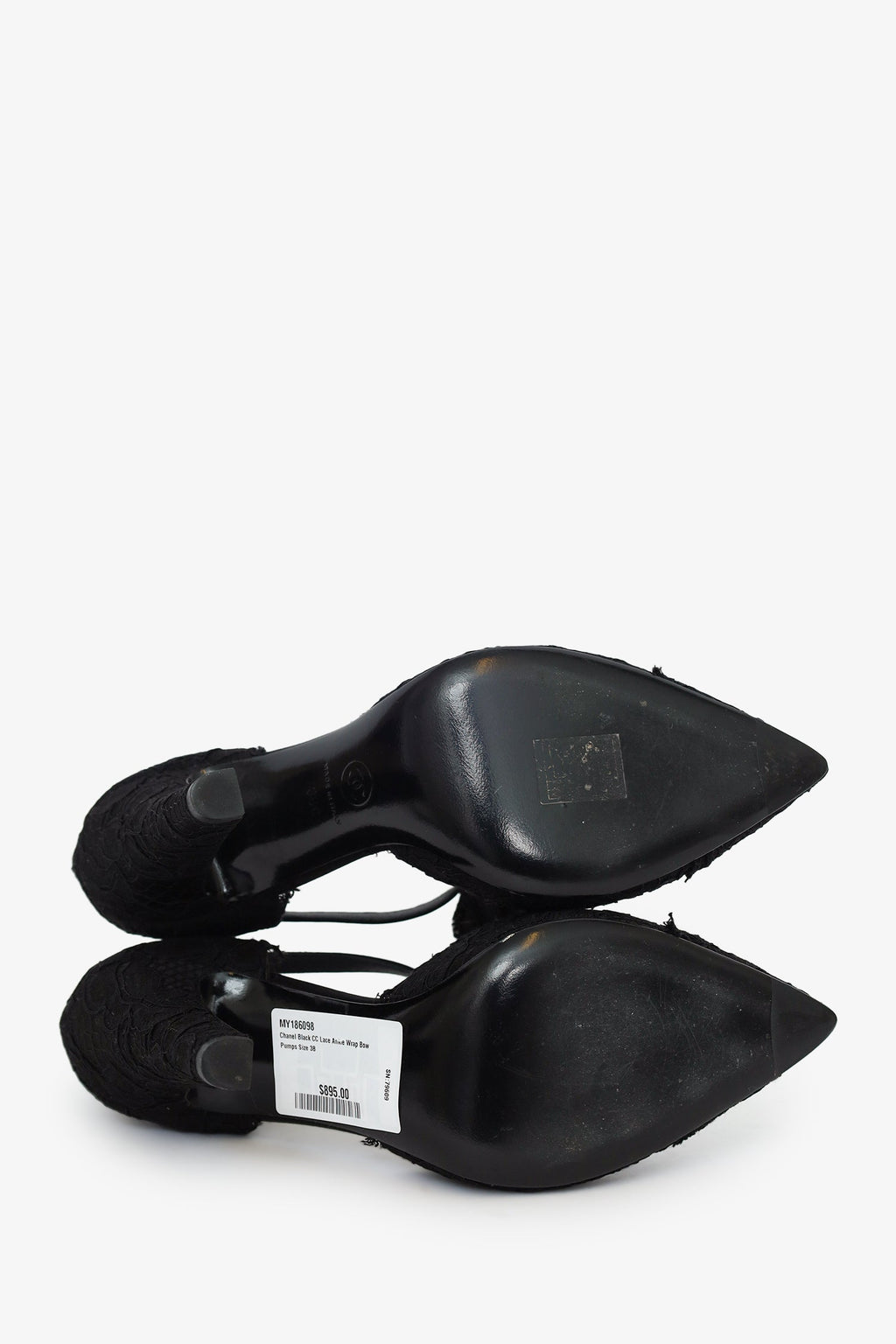 Pre-Loved Chanel™ Black CC Lace Ankle Wrap Bow Pumps Size 38