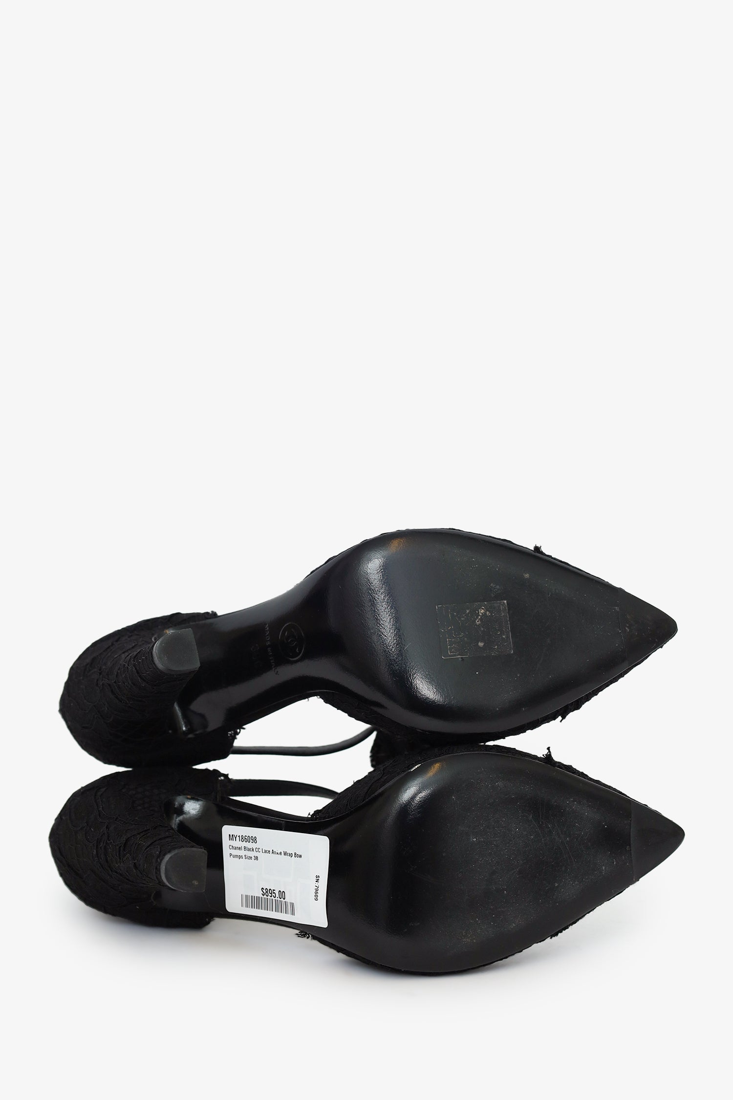 Pre-Loved Chanel™ Black CC Lace Ankle Wrap Bow Pumps Size 38
