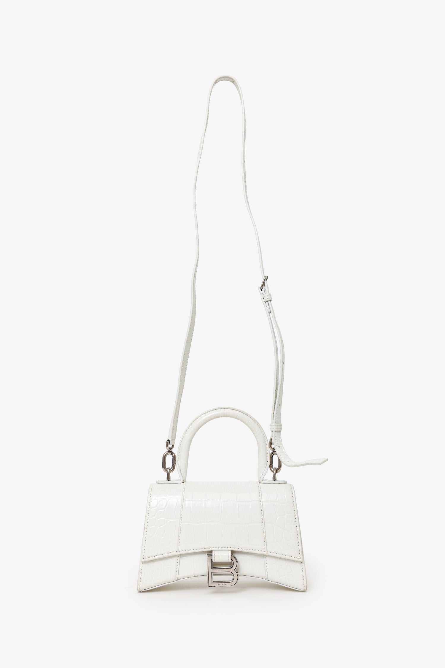 Balenciaga White Croc Embossed XS Hourglass Top Handle Bag With Strap