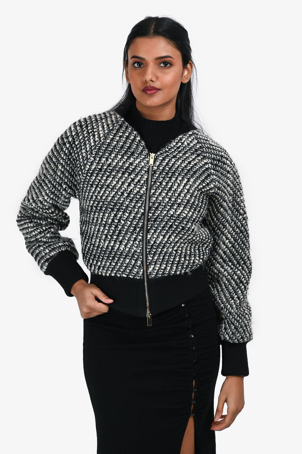 Stella McCartney Black/White Wool Bomber Jacket Size 36