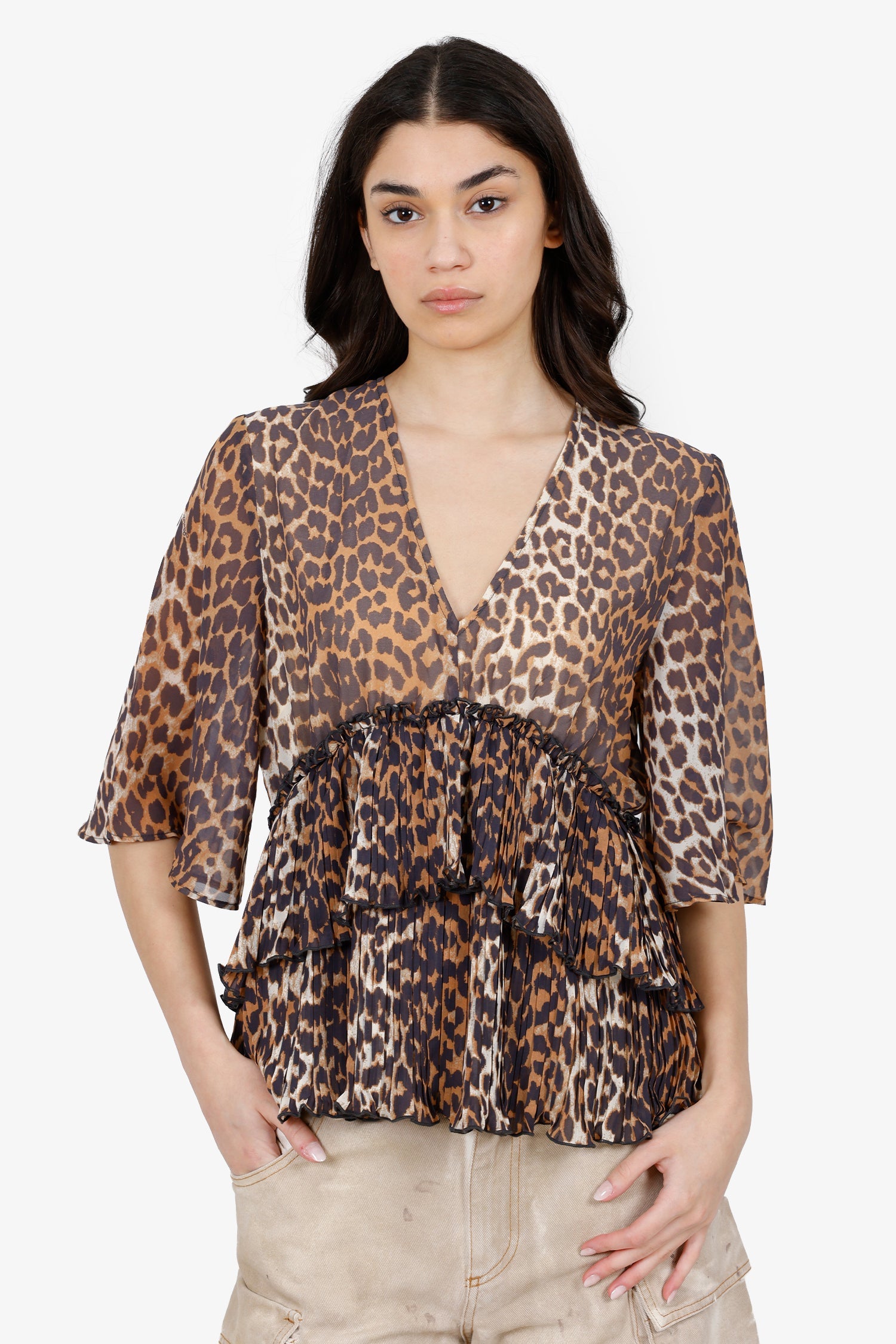 Ganni Leopard Tiered Ruffle Top Size 40
