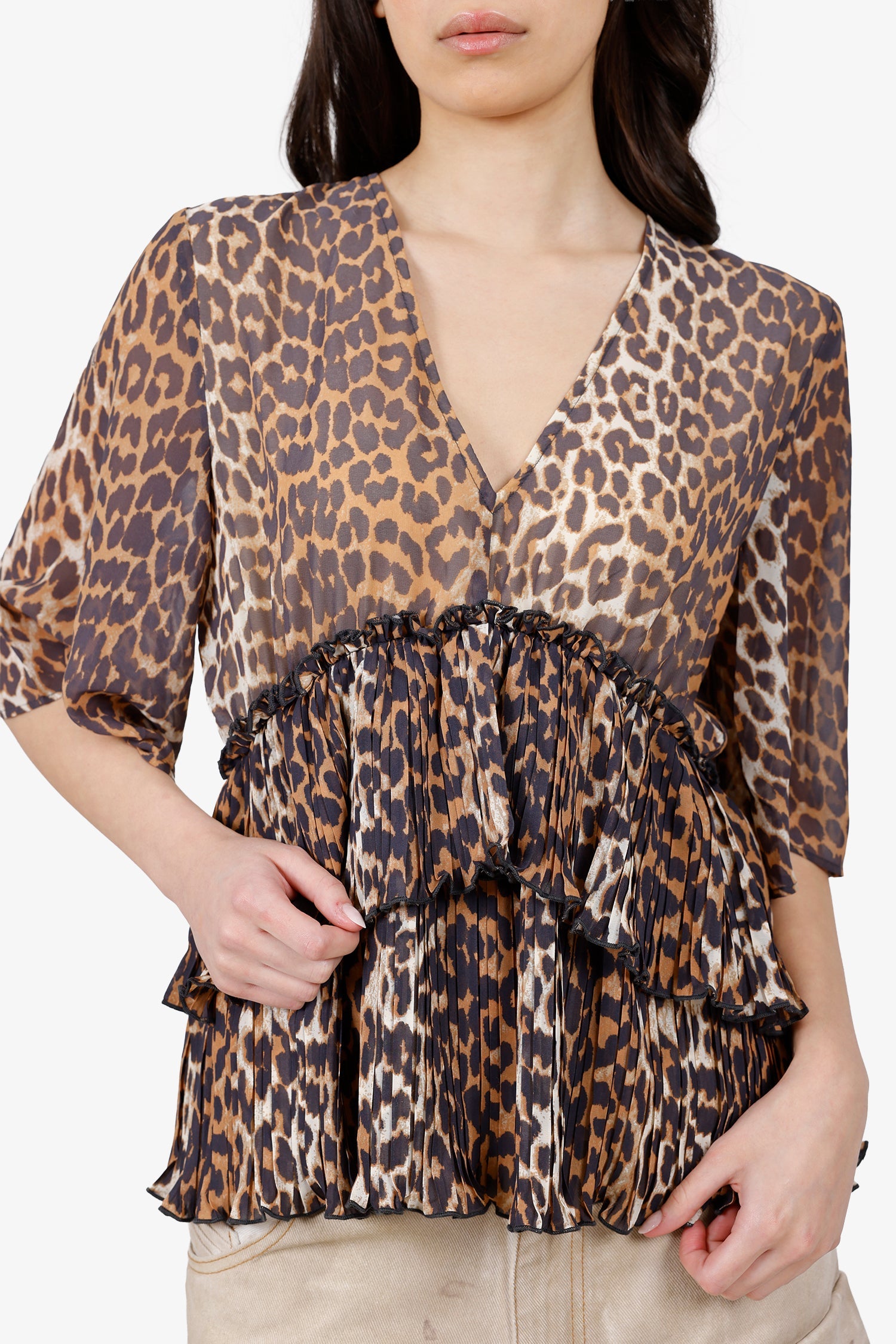 Ganni Leopard Tiered Ruffle Top Size 40