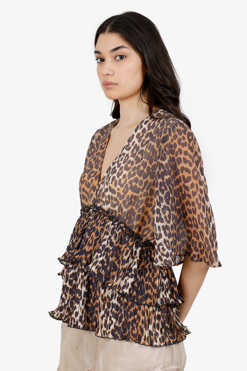 Ganni Leopard Tiered Ruffle Top Size 40