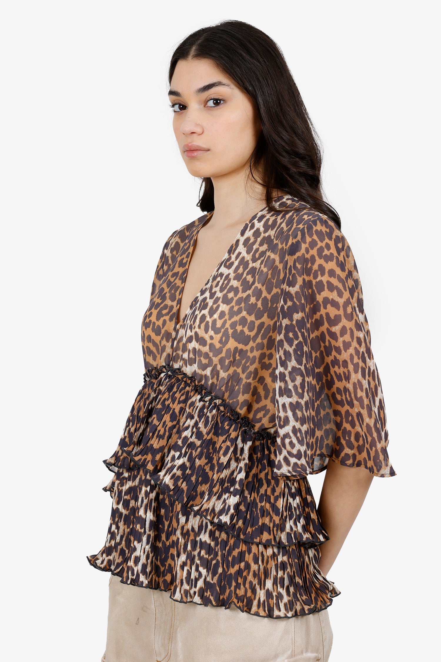 Ganni Leopard Tiered Ruffle Top Size 40