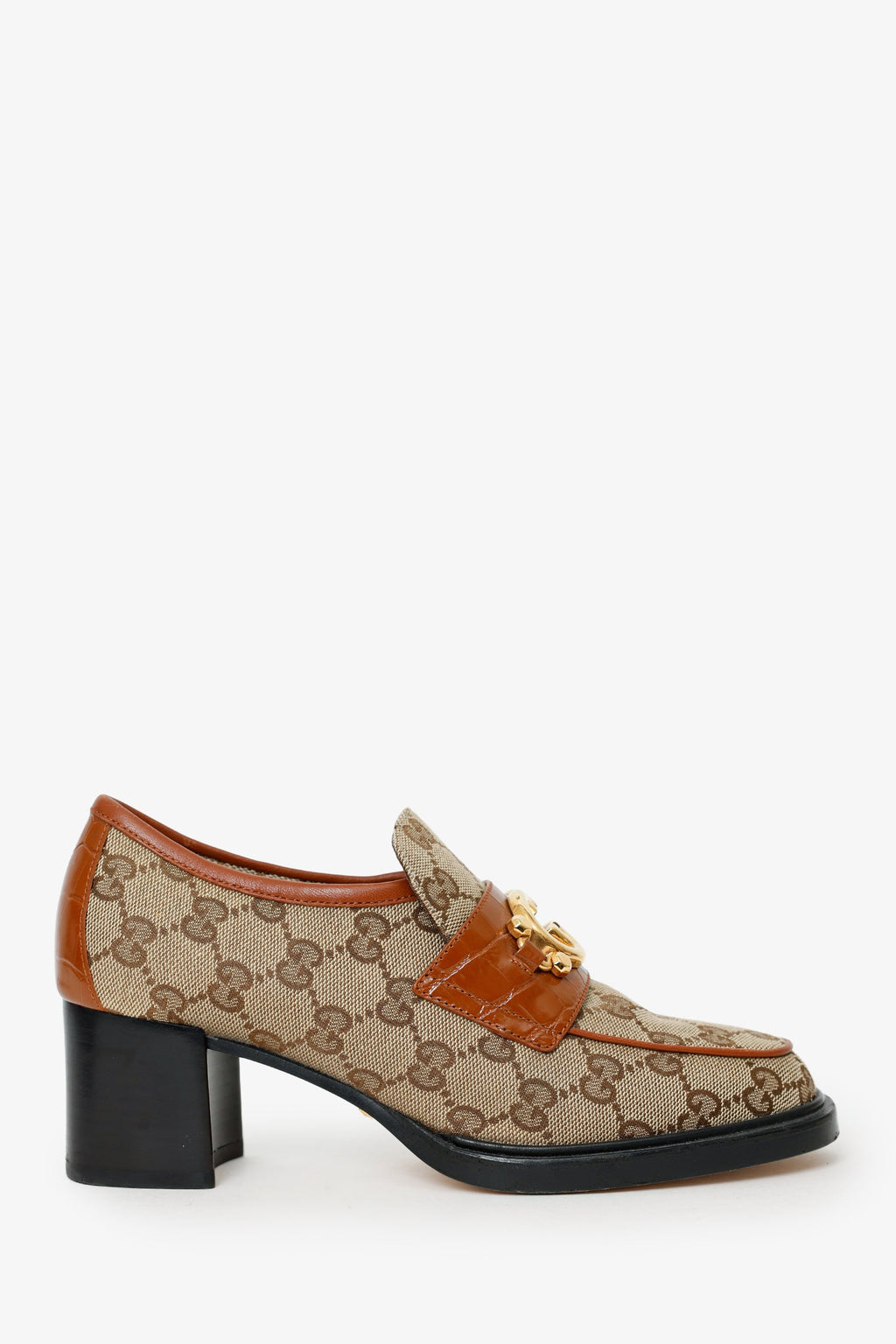 Gucci Brown Canvas GG Supreme Heeled Loafers Size 36