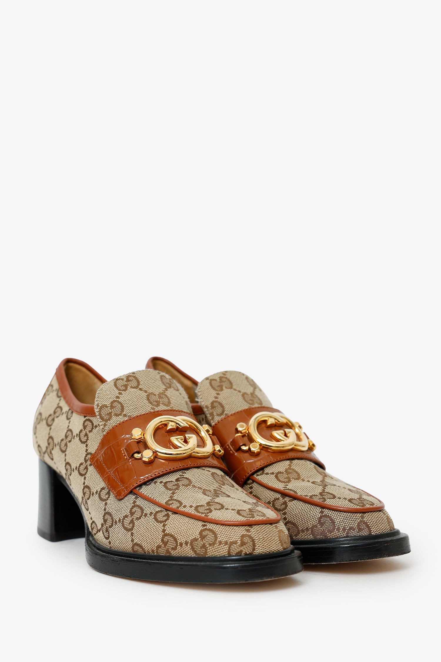 Gucci Brown Canvas GG Supreme Heeled Loafers Size 36