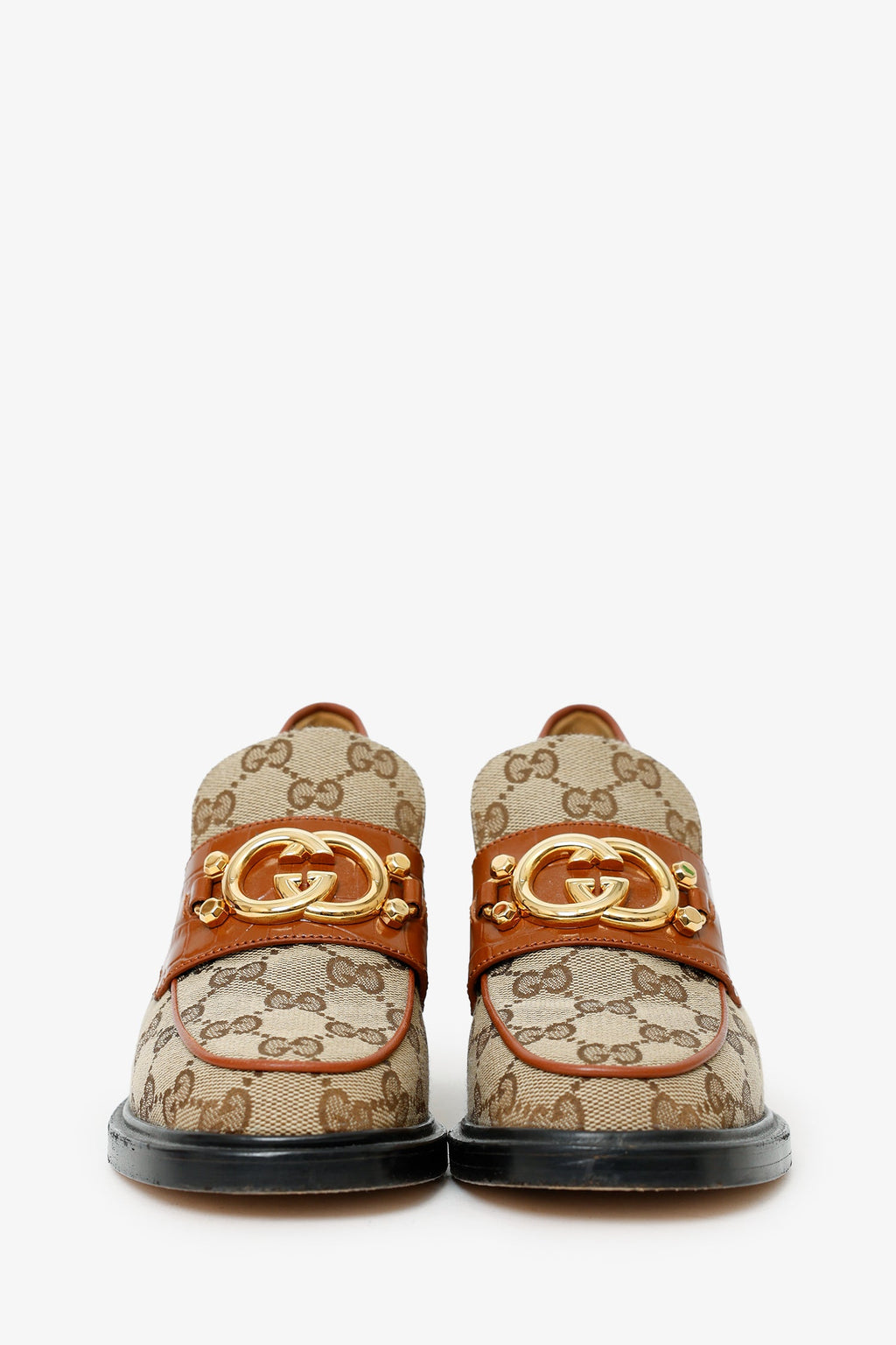 Gucci Brown Canvas GG Supreme Heeled Loafers Size 36