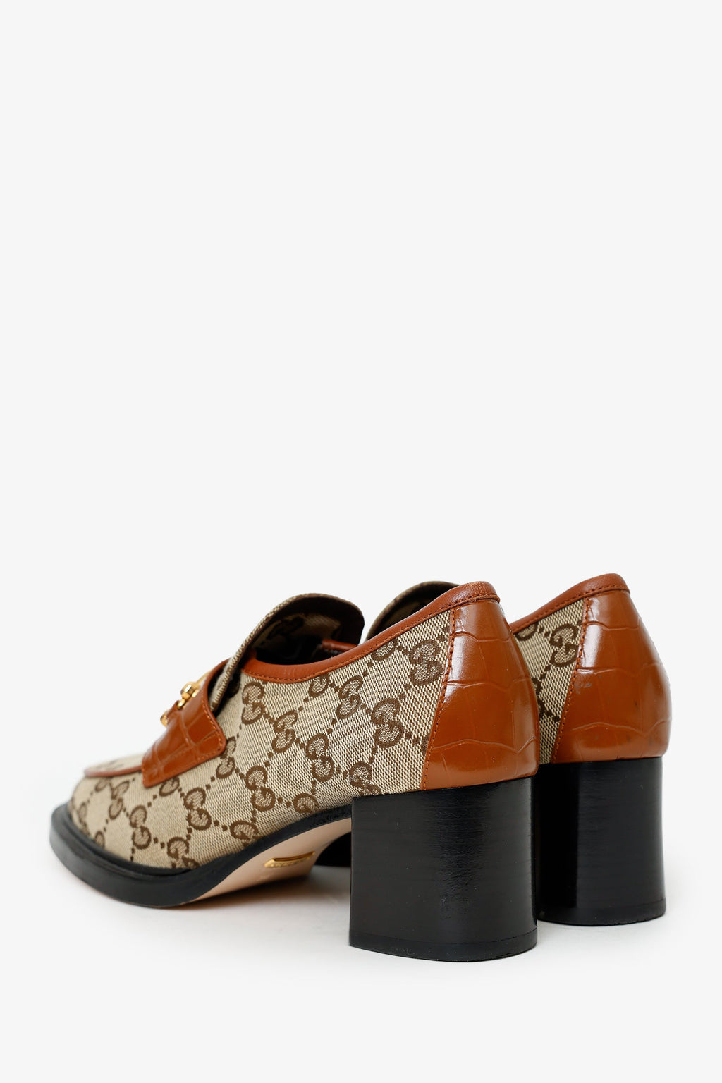 Gucci Brown Canvas GG Supreme Heeled Loafers Size 36