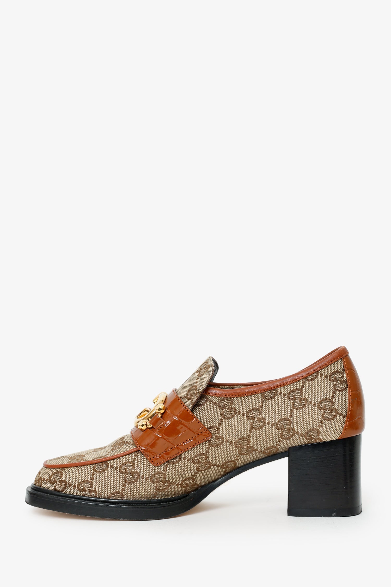 Gucci Brown Canvas GG Supreme Heeled Loafers Size 36