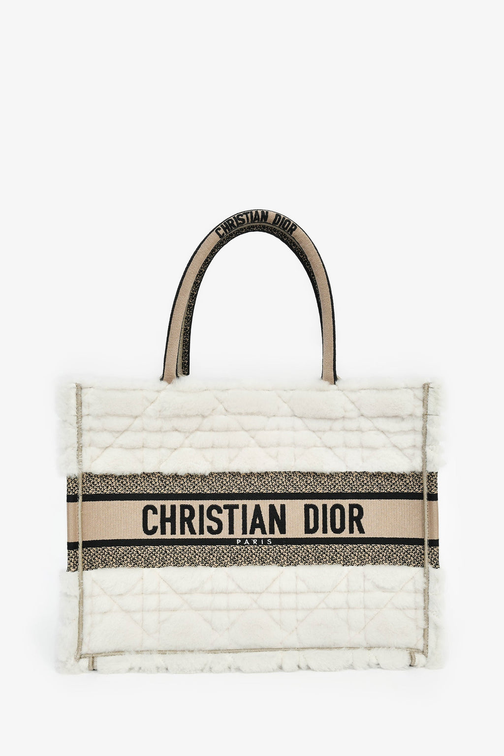 Christian Dior 2023 Ecru Cannage Shearling Taupe Canvas Medium Book Tote
