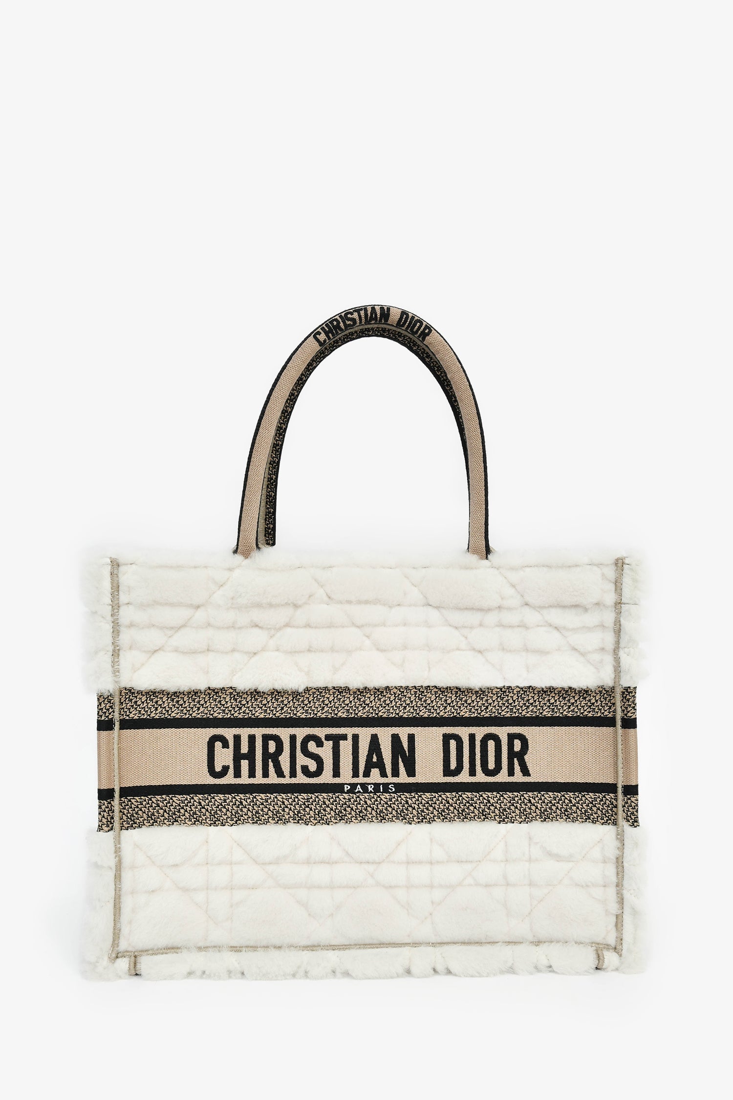 Christian Dior 2023 Ecru Cannage Shearling Taupe Canvas Medium Book Tote