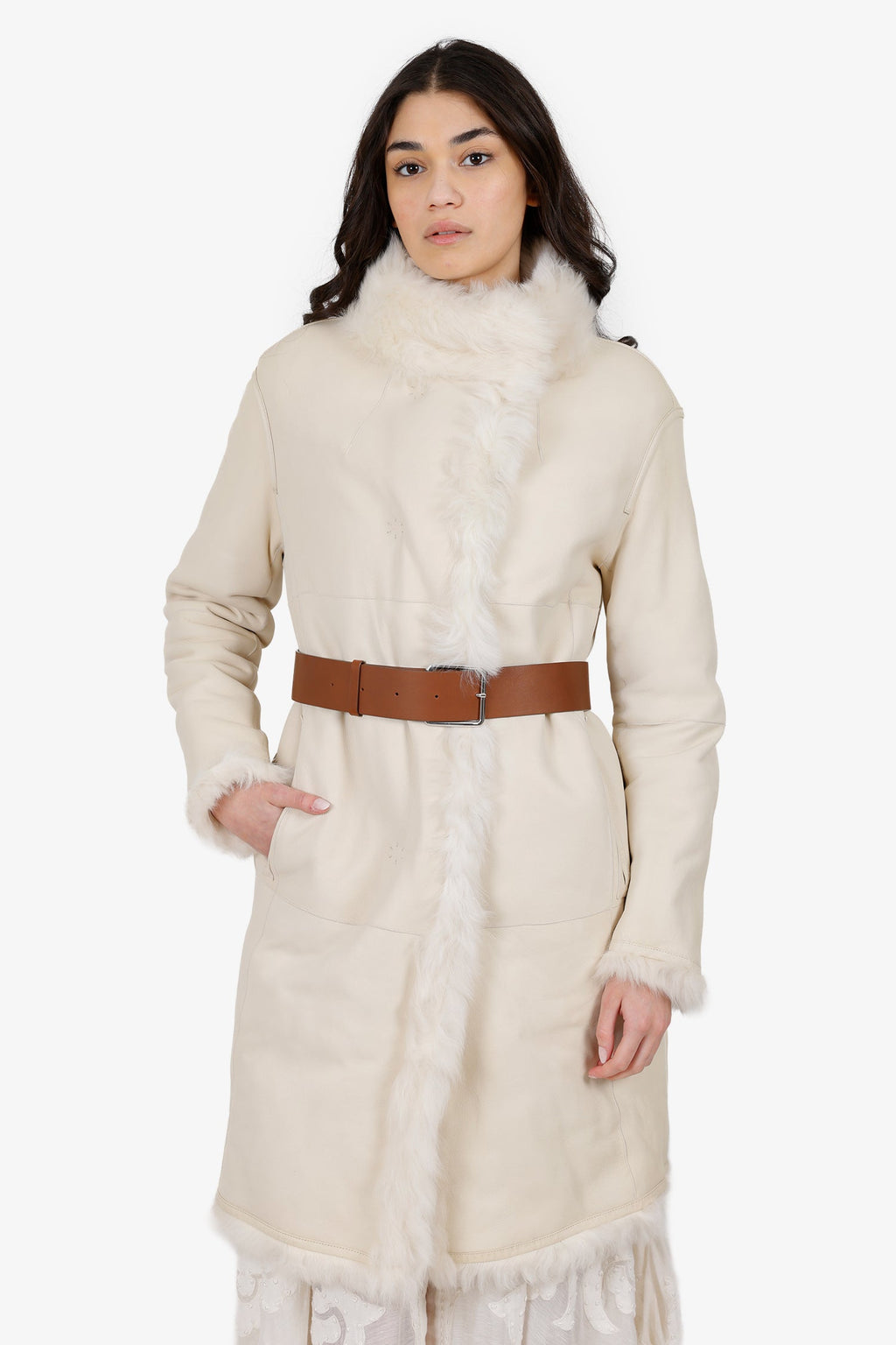 Yves Salomon White Lambskin Coat With Belt Size 40