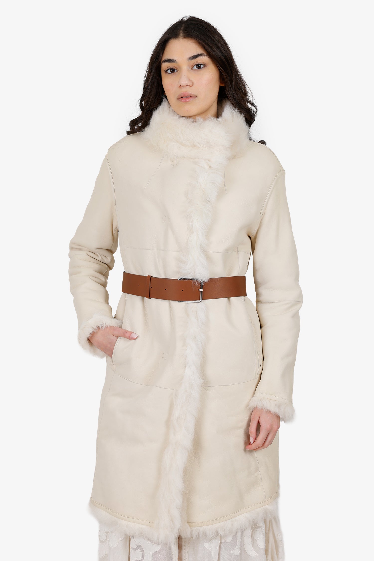 Yves Salomon White Lambskin Coat With Belt Size 40