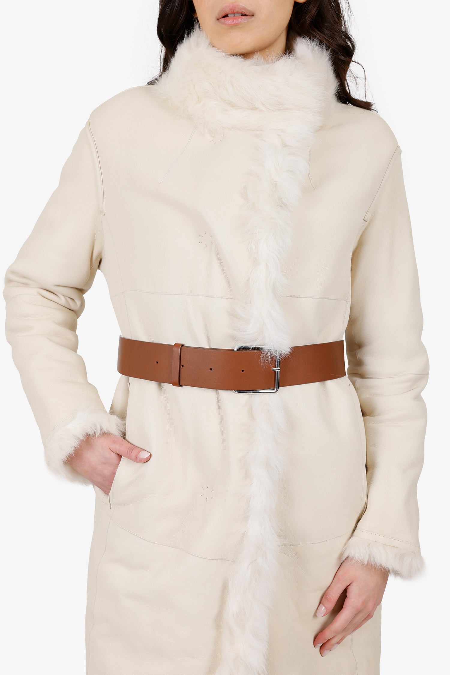 Yves Salomon White Lambskin Coat With Belt Size 40