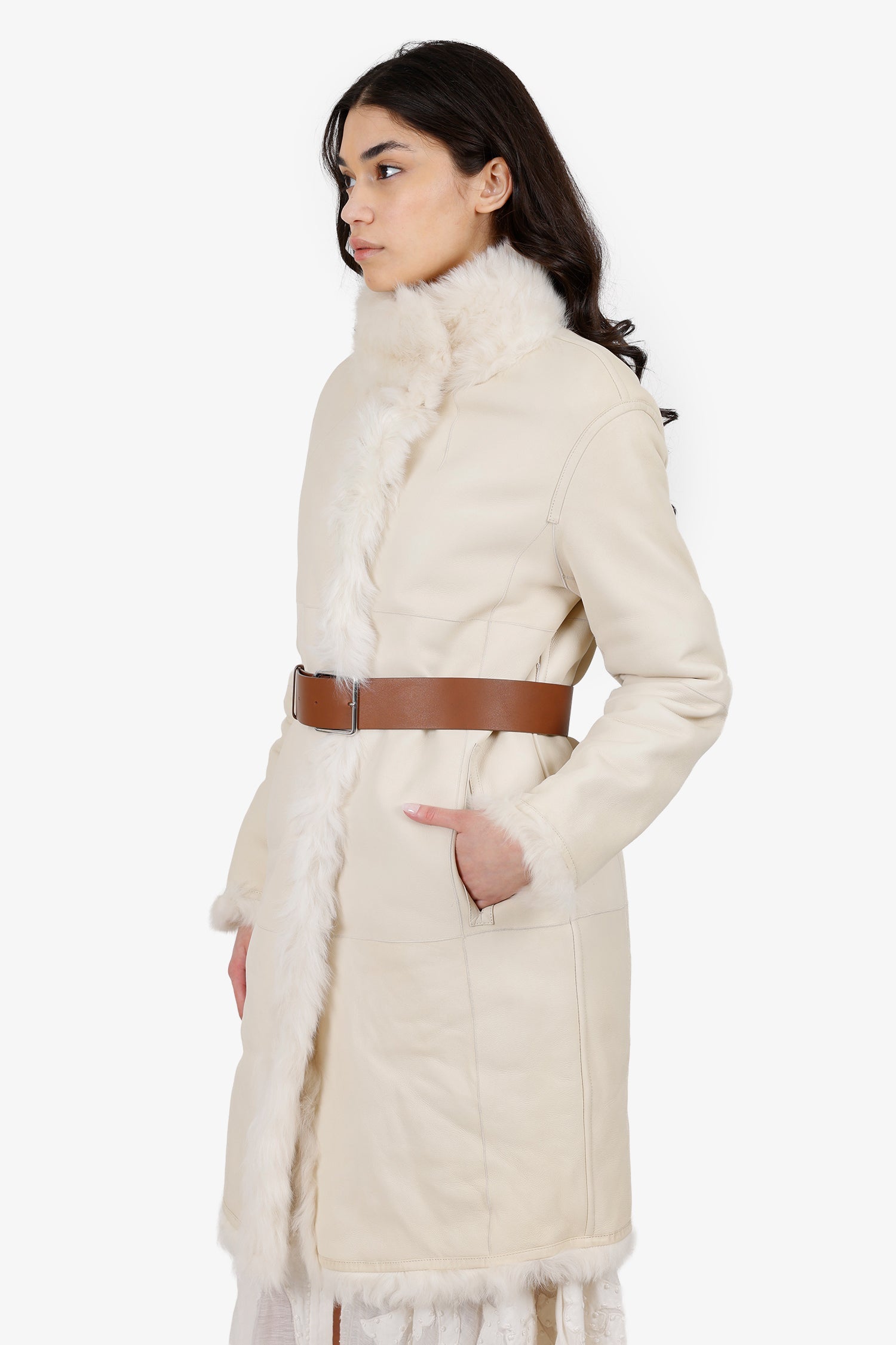 Yves Salomon White Lambskin Coat With Belt Size 40