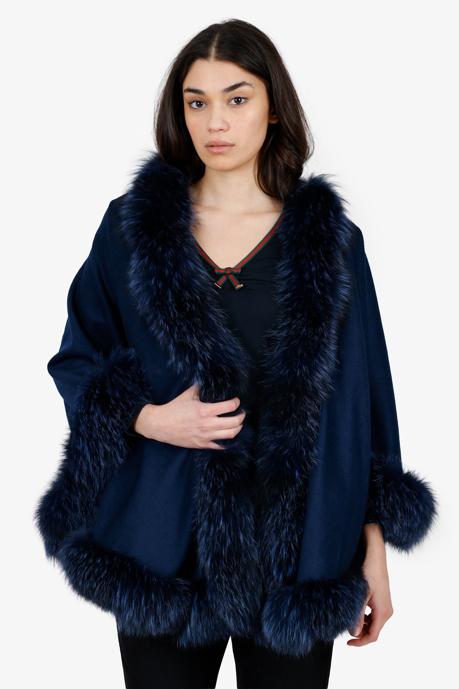 Vintage Blue Cashmere Cashmere Fox Fur Trimmed Shawl
