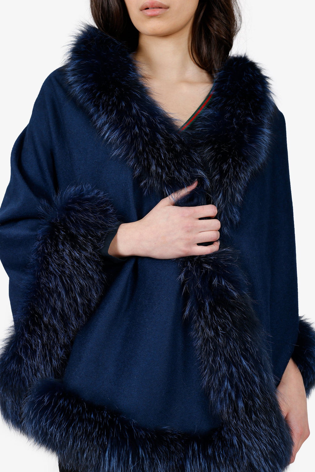 Vintage Blue Cashmere Cashmere Fox Fur Trimmed Shawl
