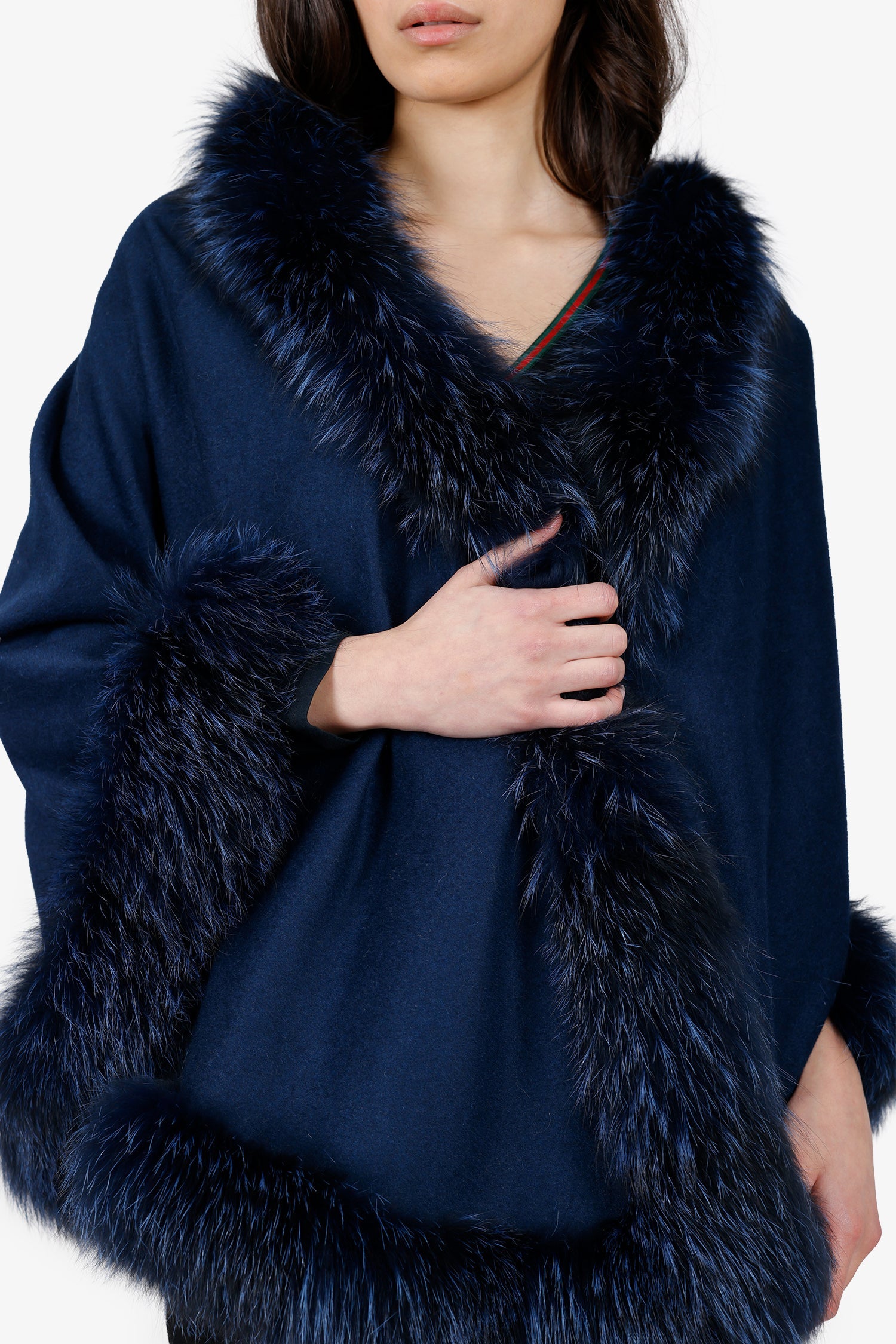 Vintage Blue Cashmere Cashmere Fox Fur Trimmed Shawl