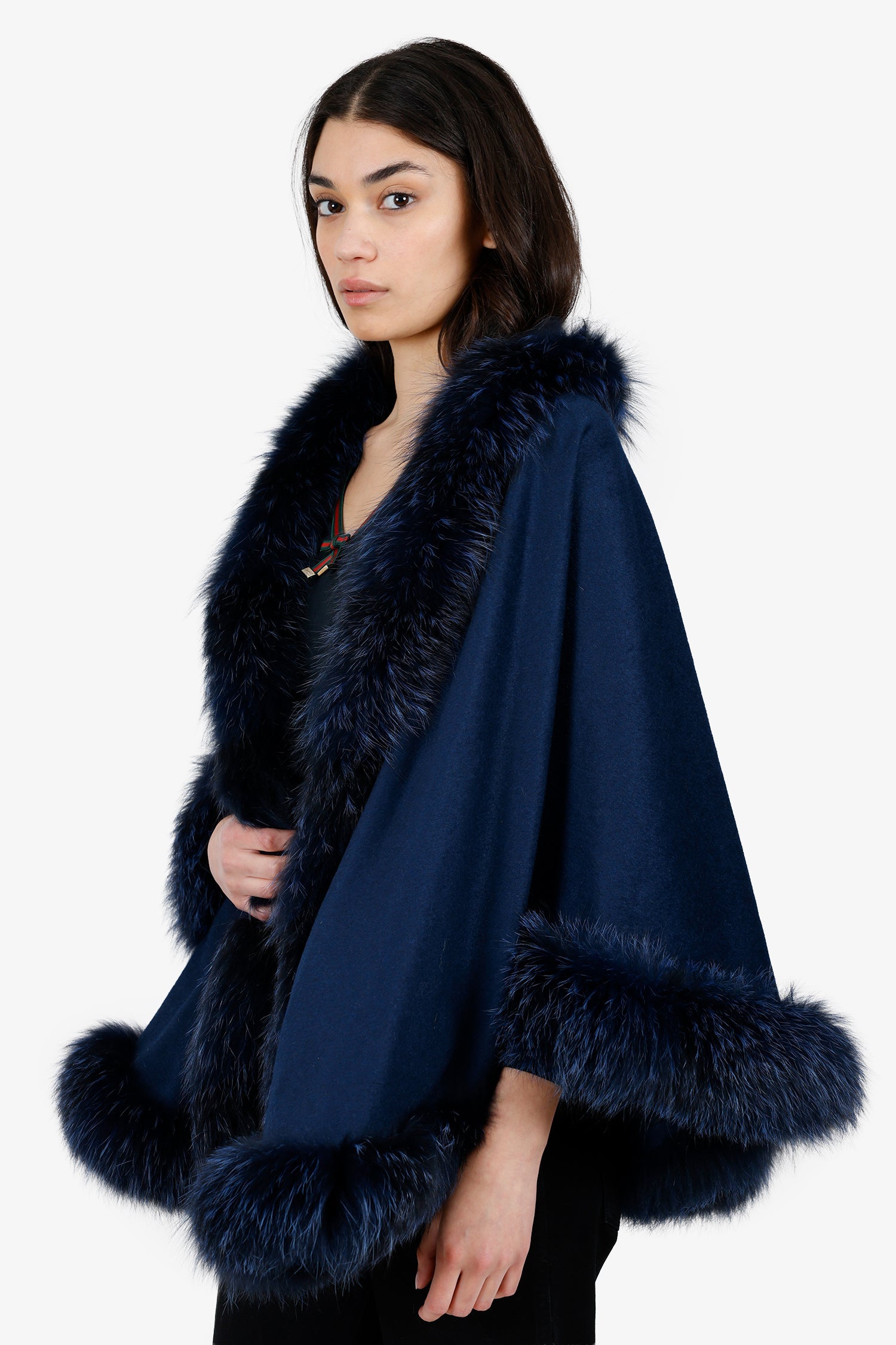 Vintage Blue Cashmere Cashmere Fox Fur Trimmed Shawl
