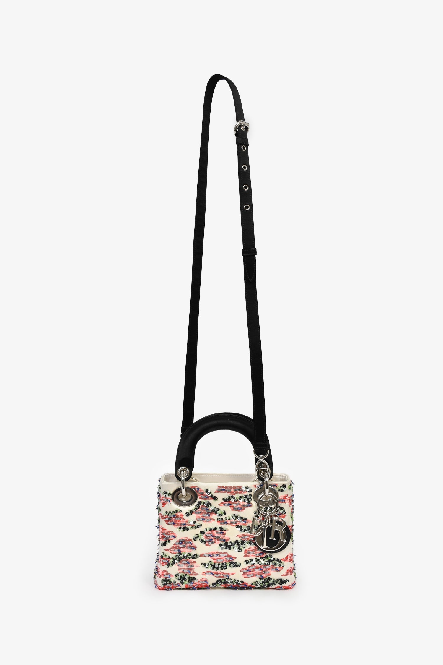 Christian Dior 2014 Cream Satin Multi Sequin Mini Lady Dior Top Handle with Strap