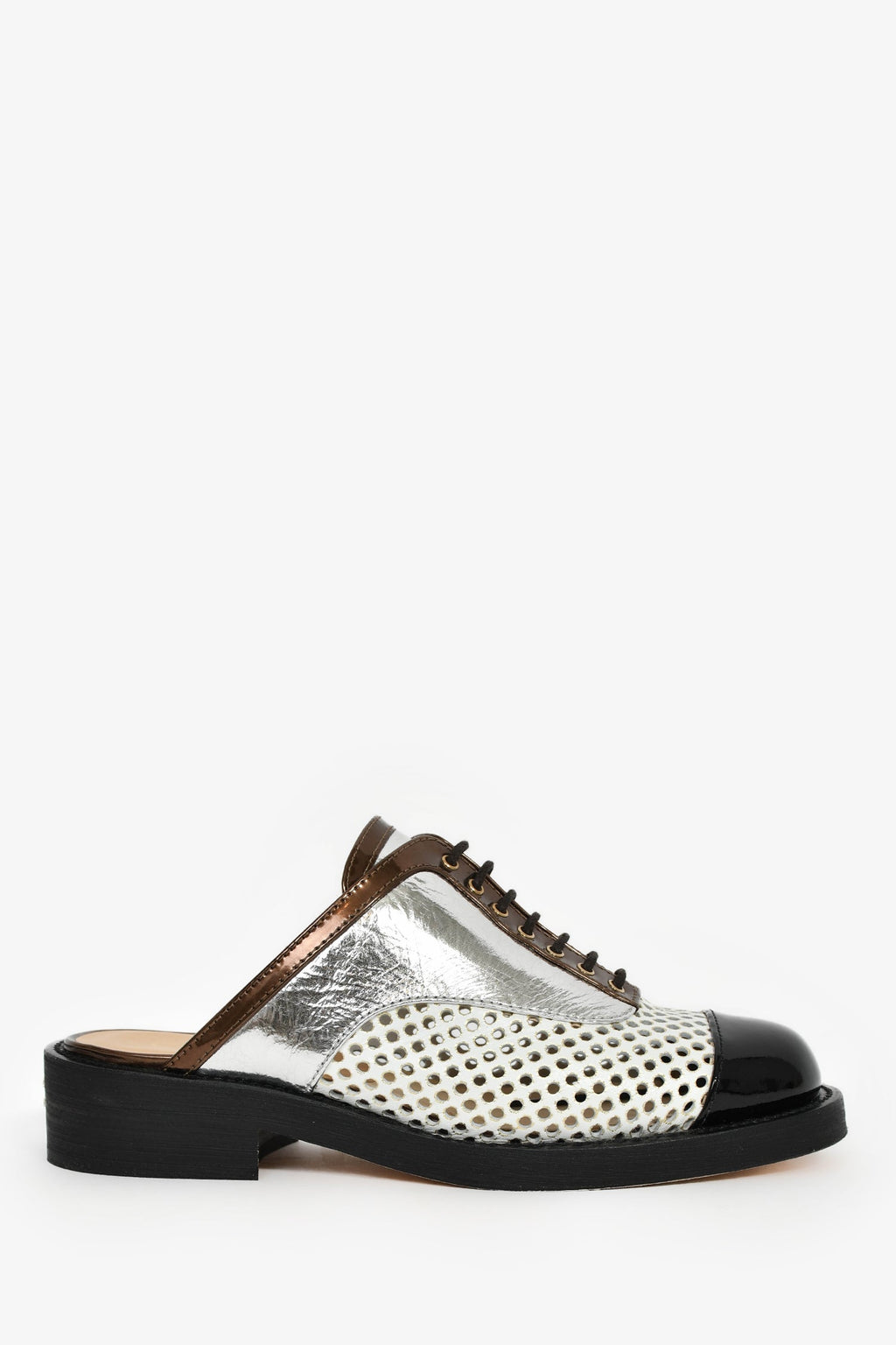 Pre-Loved Chanel™ Silver/White/Black Perforated Leather Lace Up Mules Size 36.5