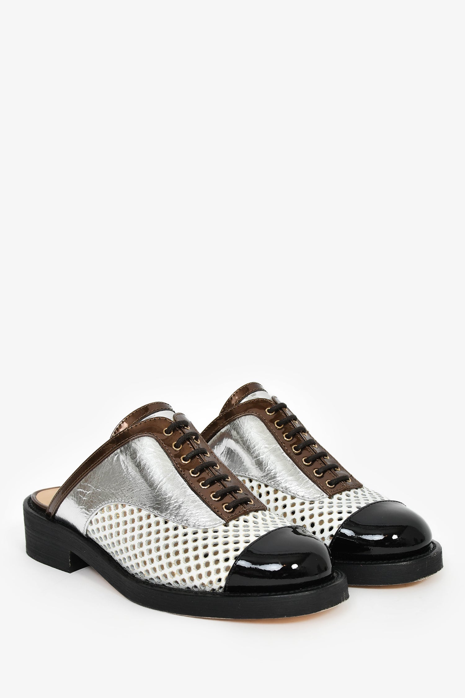 Pre-Loved Chanel™ Silver/White/Black Perforated Leather Lace Up Mules Size 36.5