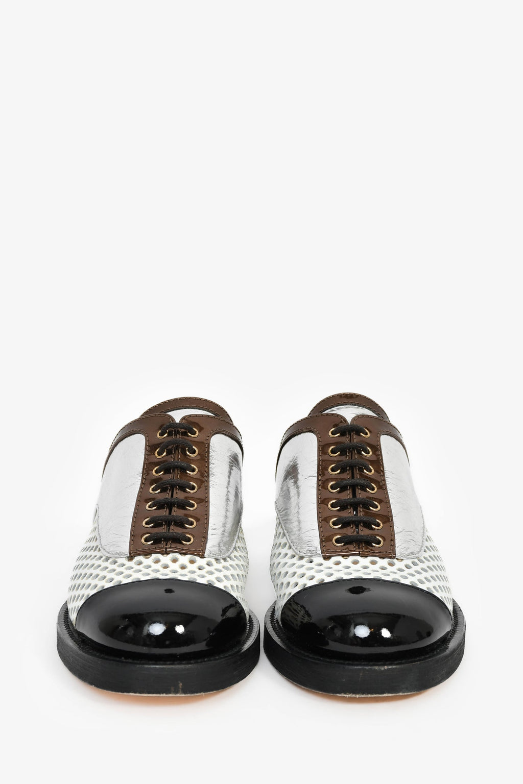 Pre-Loved Chanel™ Silver/White/Black Perforated Leather Lace Up Mules Size 36.5