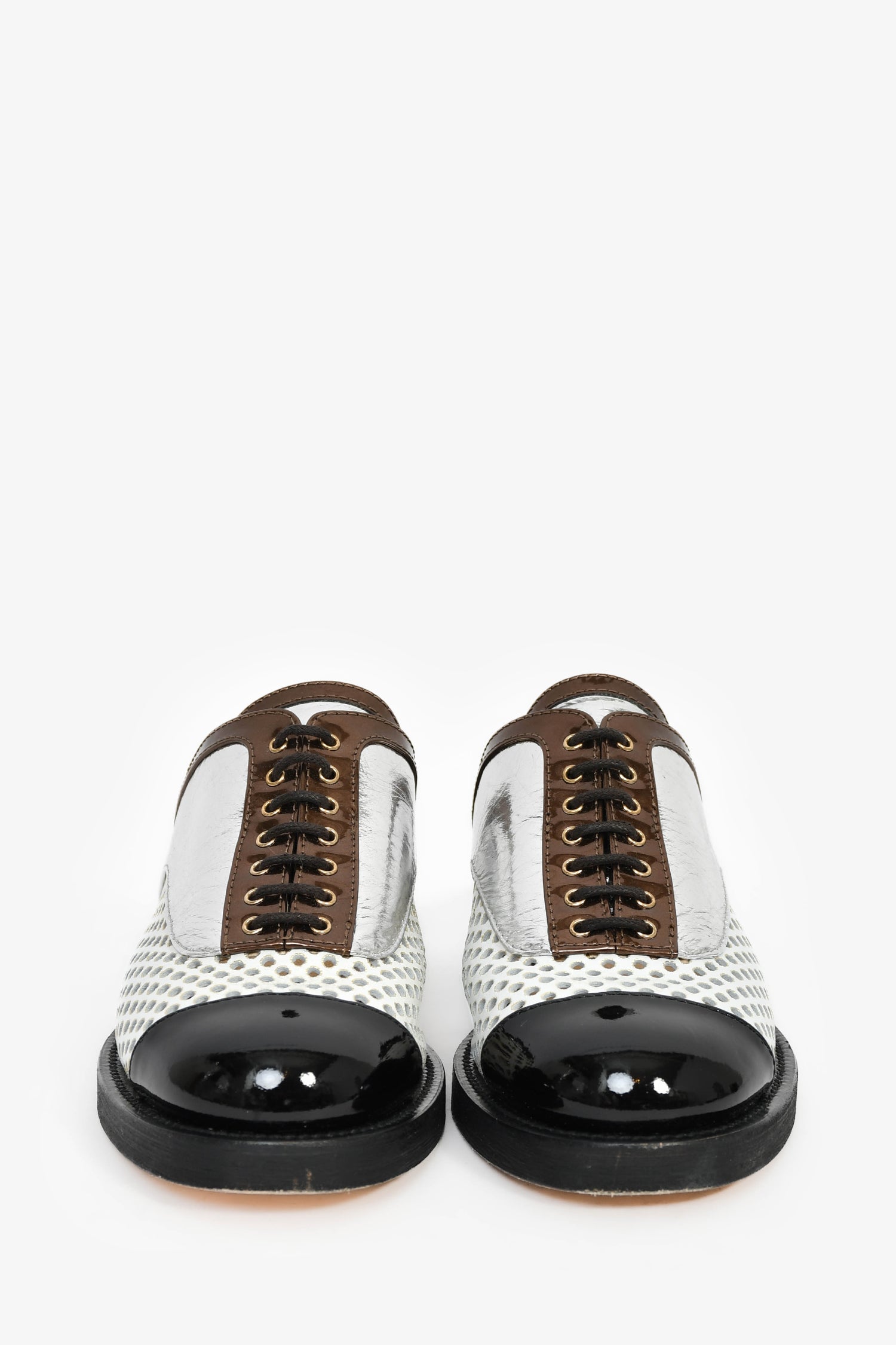 Pre-Loved Chanel™ Silver/White/Black Perforated Leather Lace Up Mules Size 36.5