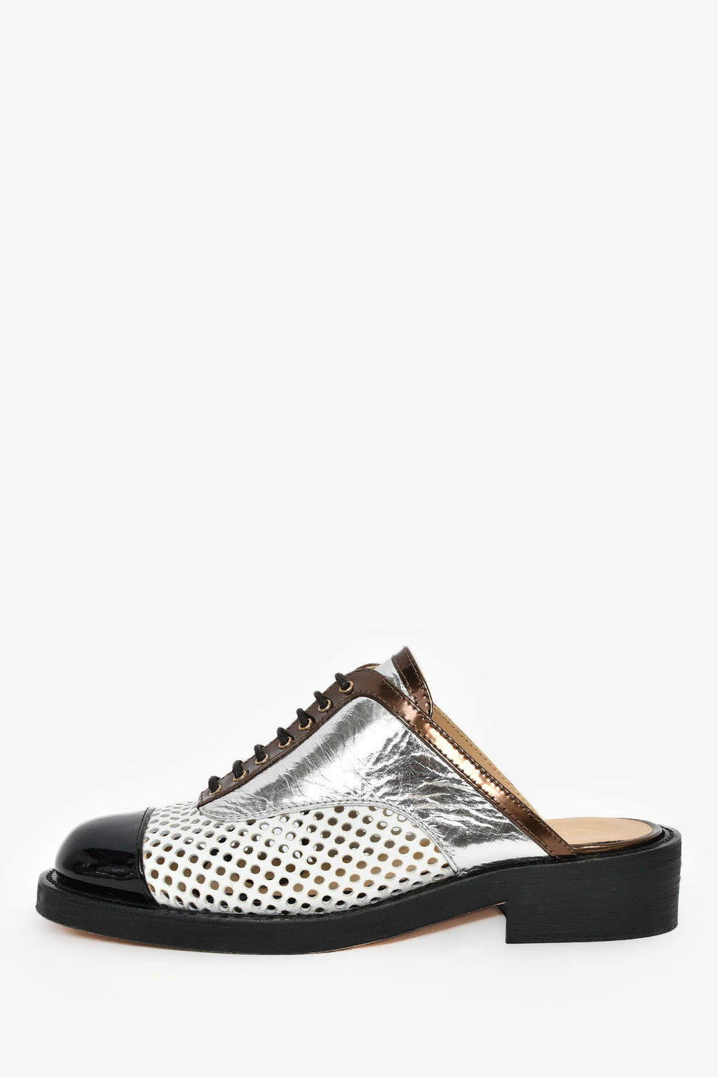 Pre-Loved Chanel™ Silver/White/Black Perforated Leather Lace Up Mules Size 36.5