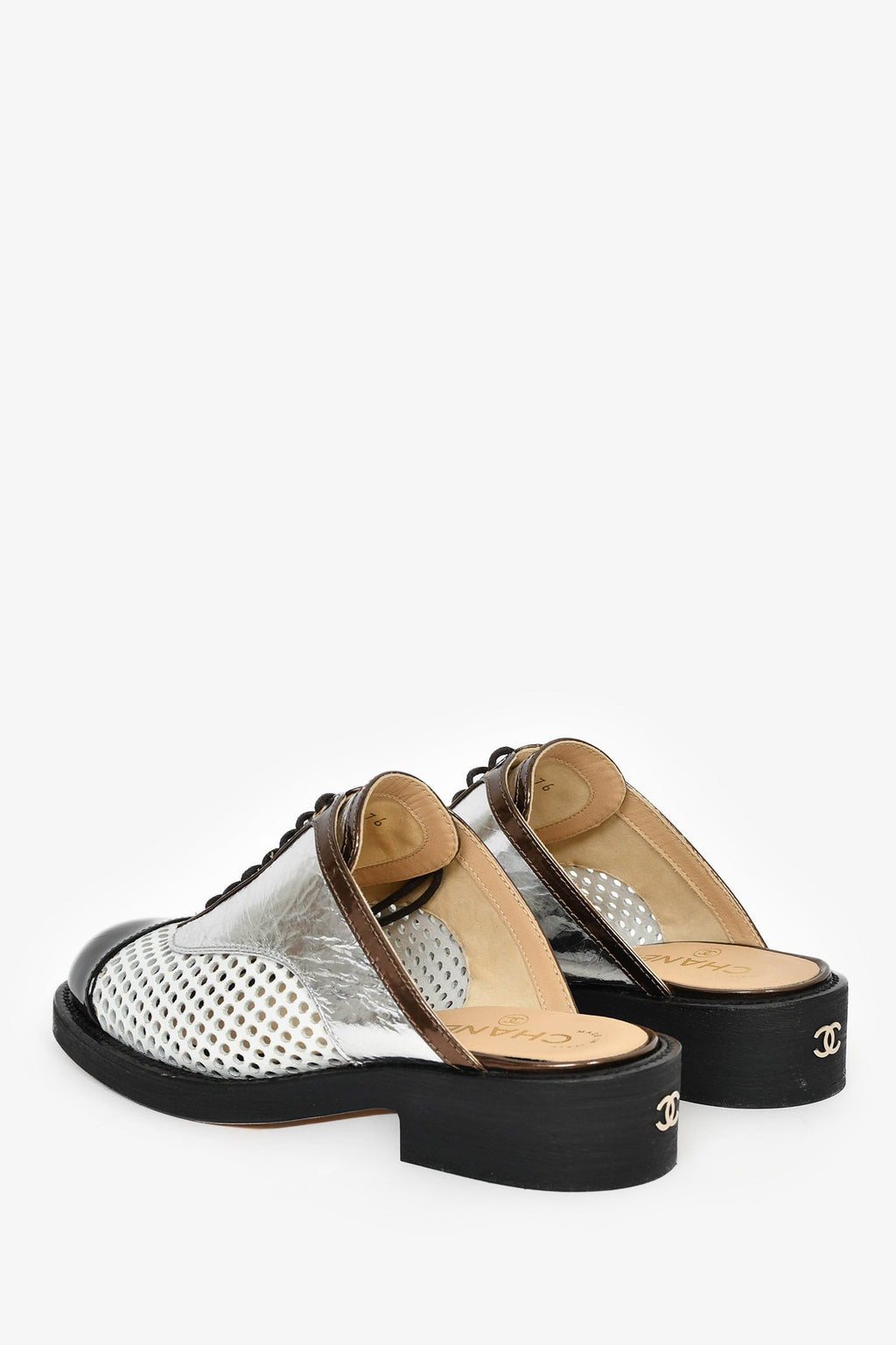 Pre-Loved Chanel™ Silver/White/Black Perforated Leather Lace Up Mules Size 36.5