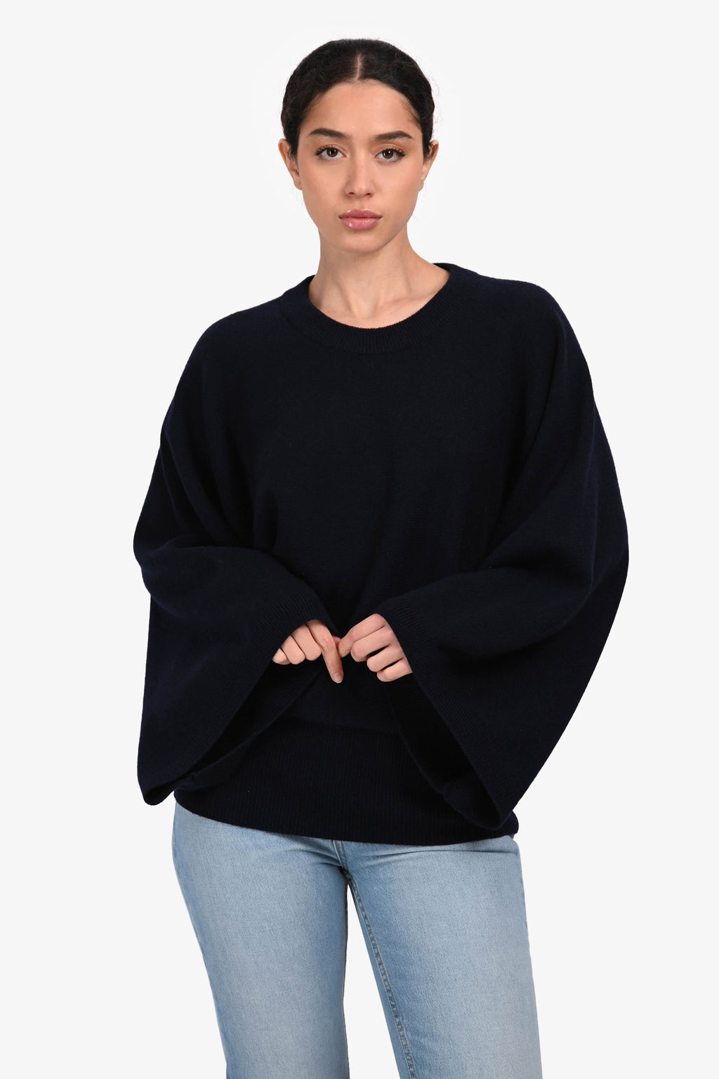 Hermès Navy Cashmere Long Sleeve Wide Sleeve Sweater Size 38