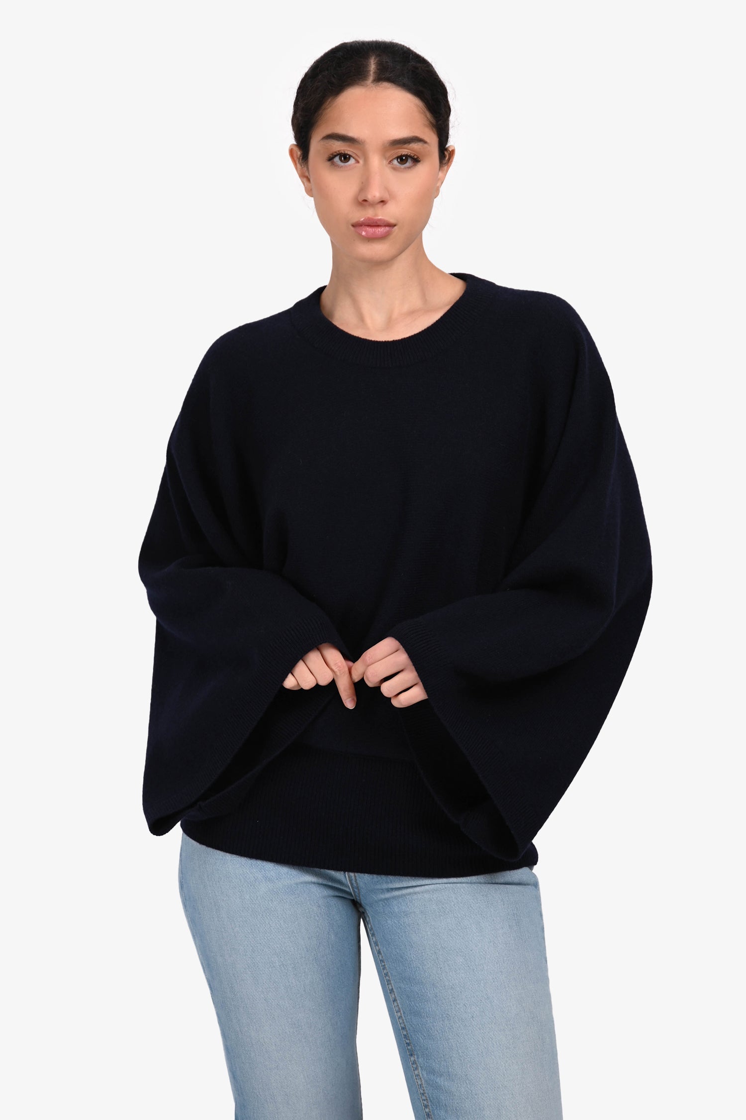 Hermès Navy Cashmere Long Sleeve Wide Sleeve Sweater Size 38