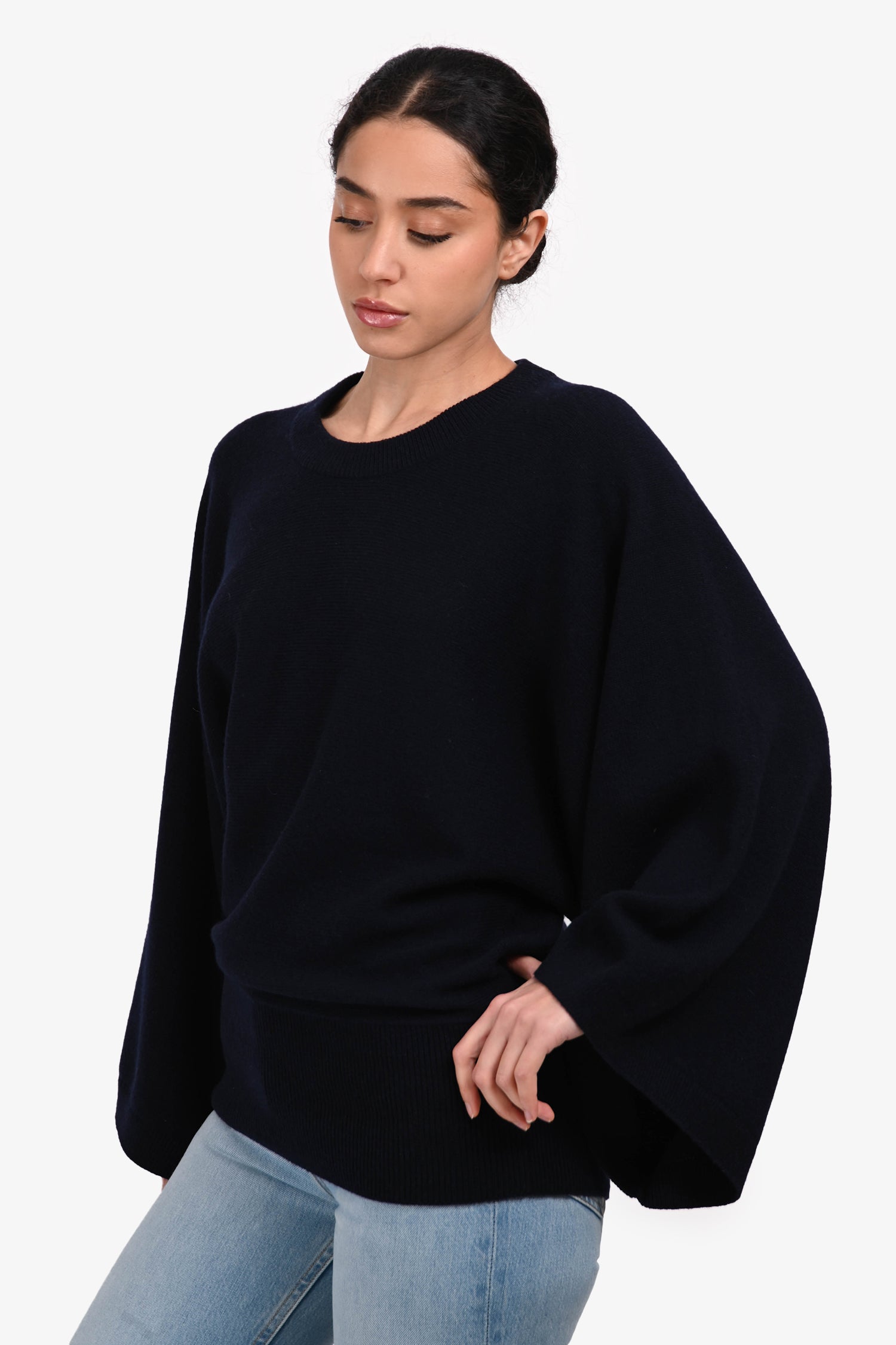 Hermès Navy Cashmere Long Sleeve Wide Sleeve Sweater Size 38