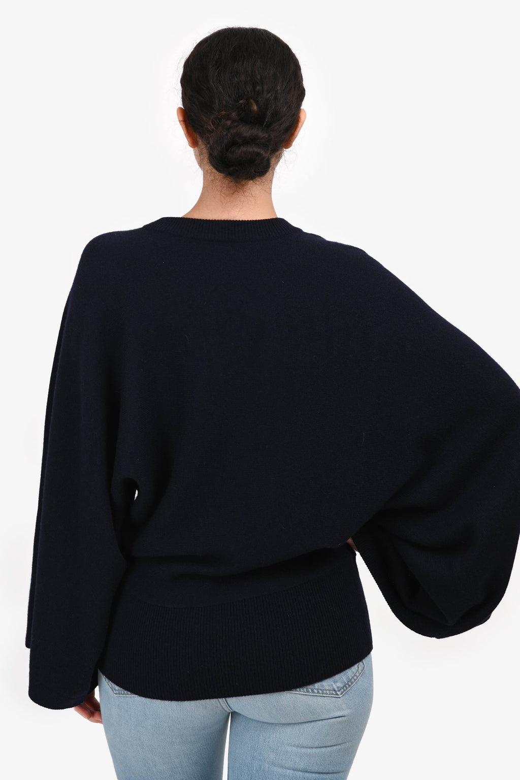 Hermès Navy Cashmere Long Sleeve Wide Sleeve Sweater Size 38