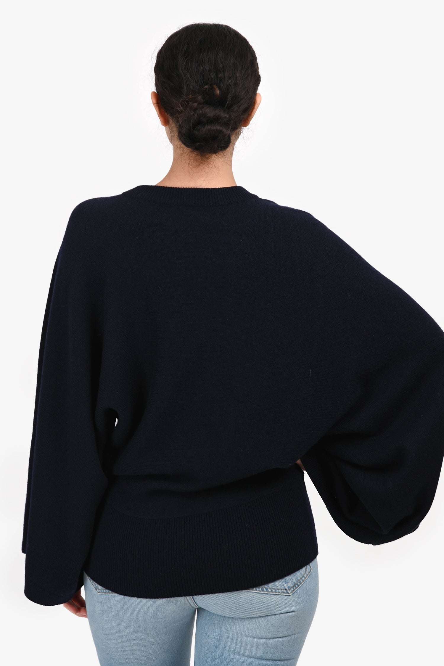Hermès Navy Cashmere Long Sleeve Wide Sleeve Sweater Size 38
