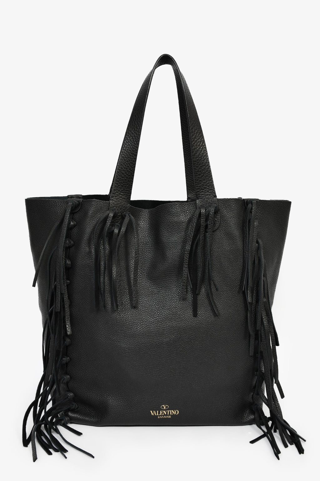 Valentino Black Grained Leather Fringe Tote