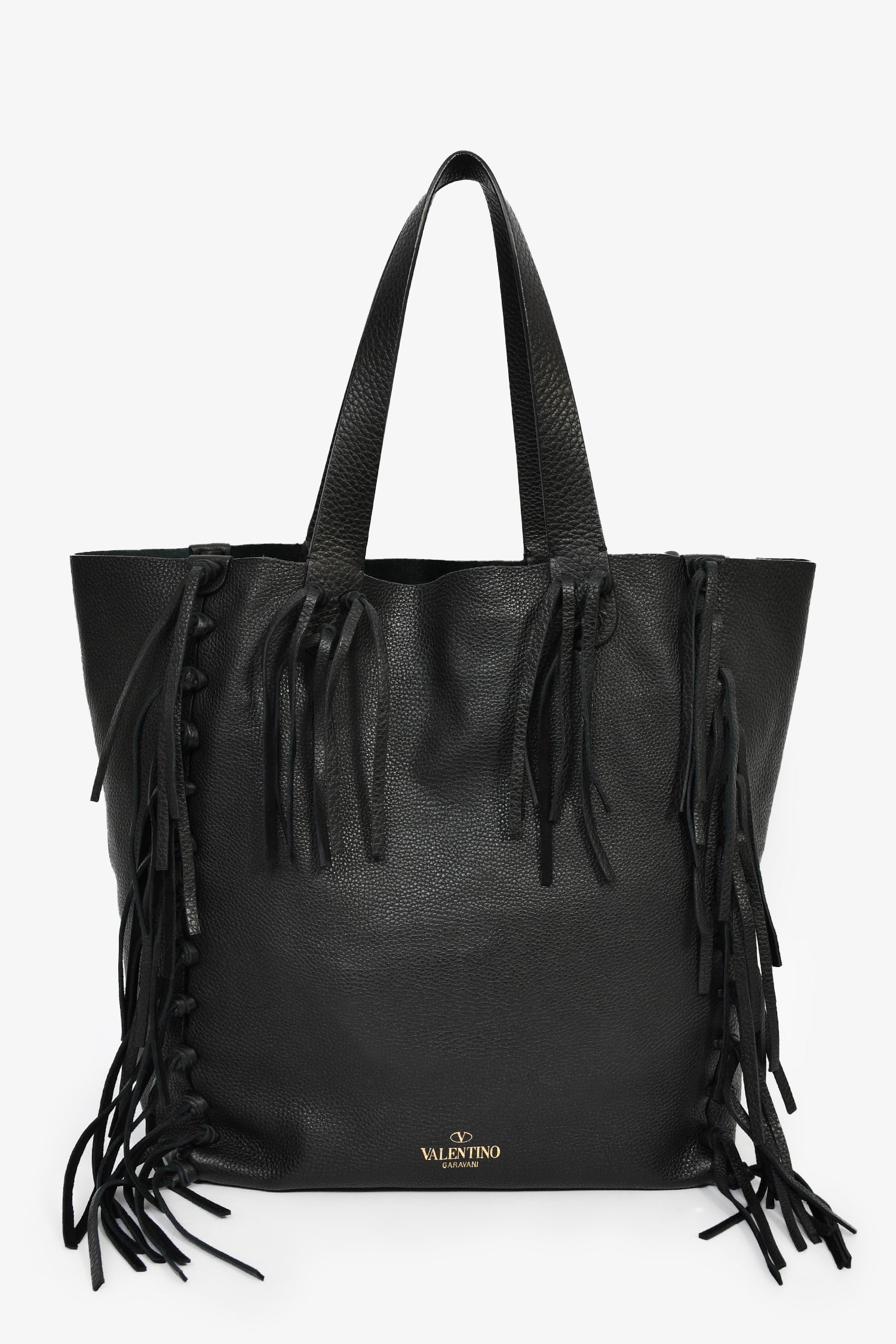 Valentino Black Grained Leather Fringe Tote