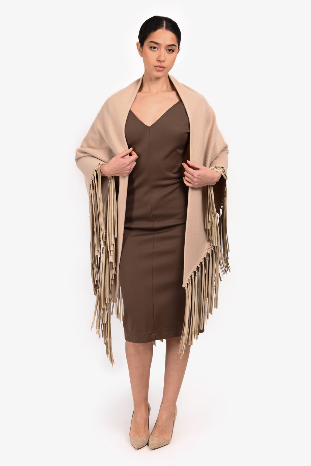 Hermès Beige Cashmere Leather Fringe Shawl One Size
